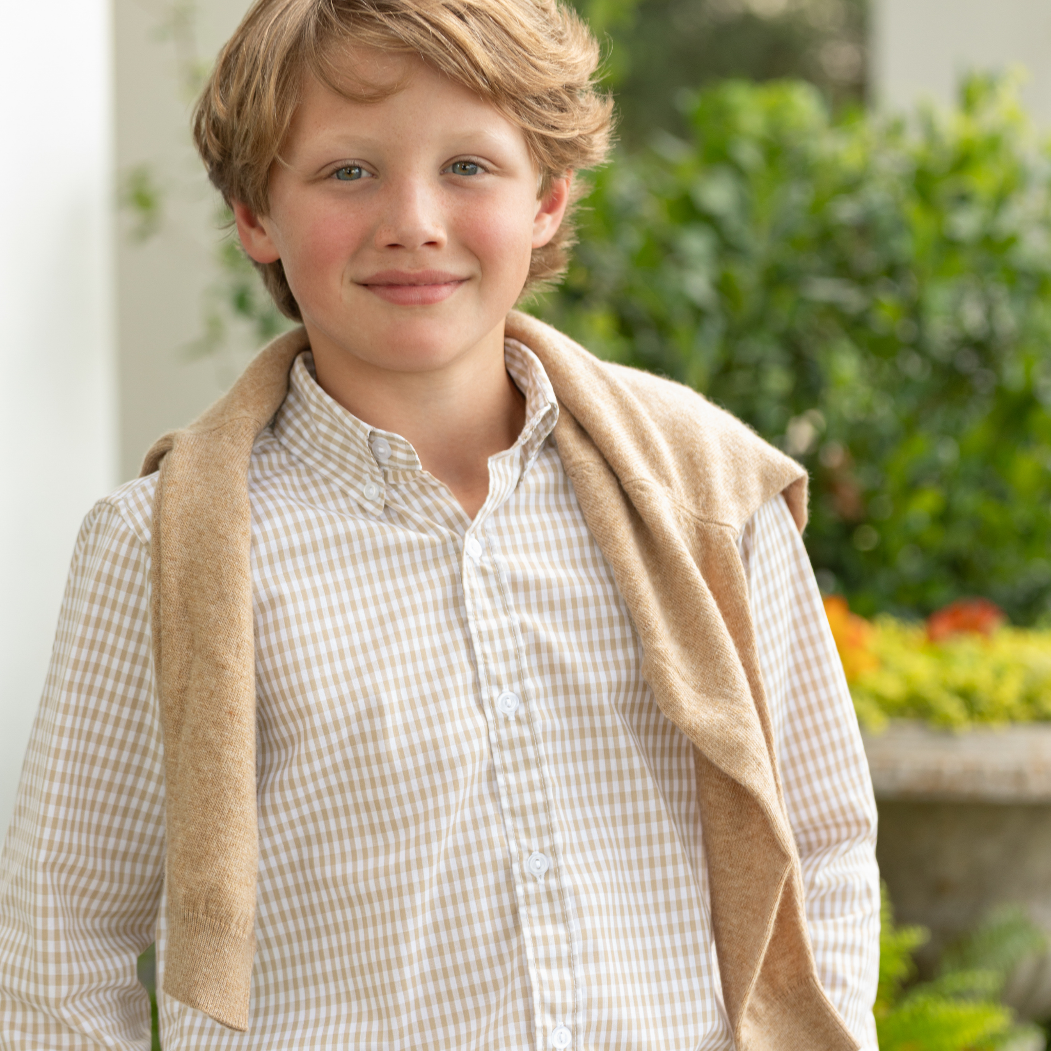 Henry Duvall Bennett Button Down in King's Way Khaki Check, classic boys fall dress shirt perfect for pairing with khaki corduroy trousers and coordinating sibling sets