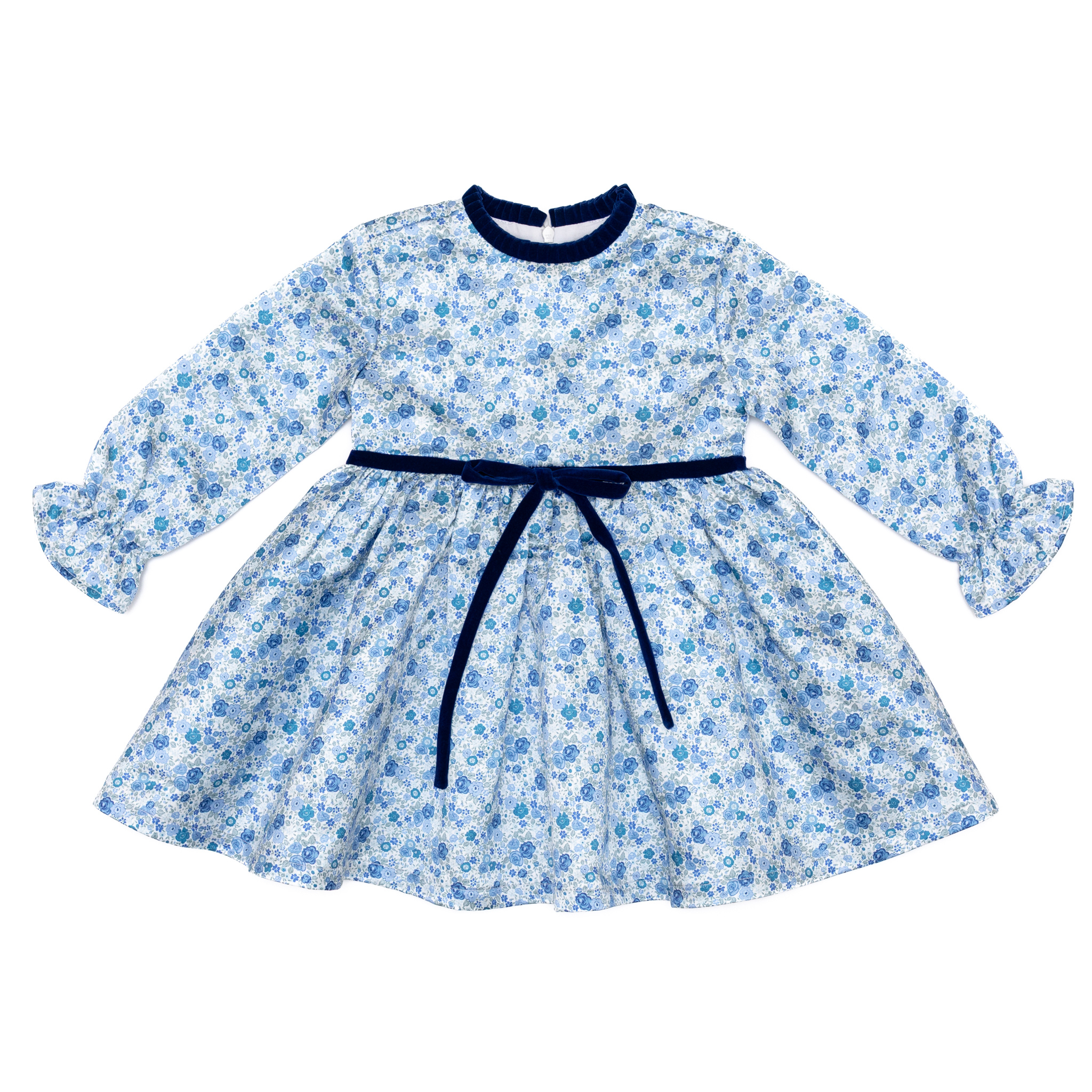Henry Duvall Hazel Dress in Prescott Petals floral with Back Bay Blue Velvet bow, vintage length fall dress for girls, perfect for sibling sets and mother-daughter matching