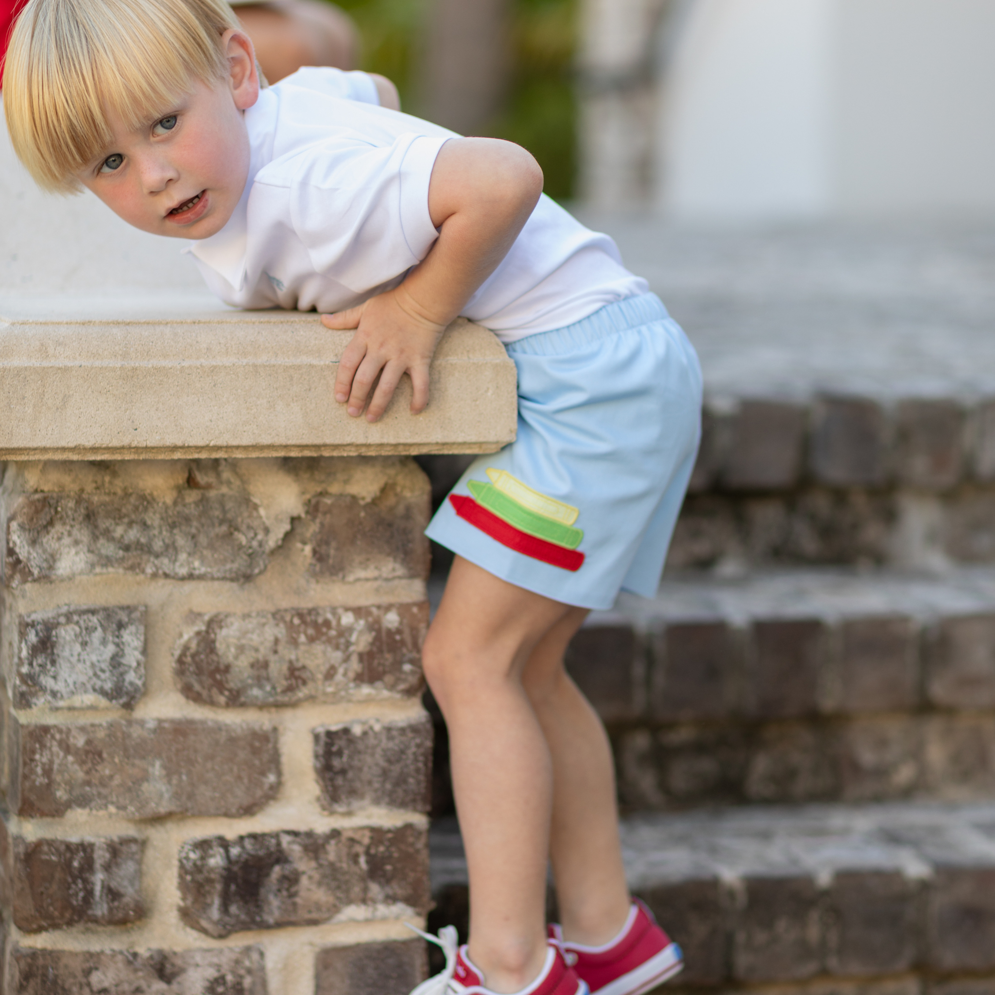 Henry Duvall Liam Shorts in Bailey's Bay Blue with crayon appliqué, classic boys back-to-school shorts with elastic waist for first day of school photos and everyday fall wear.