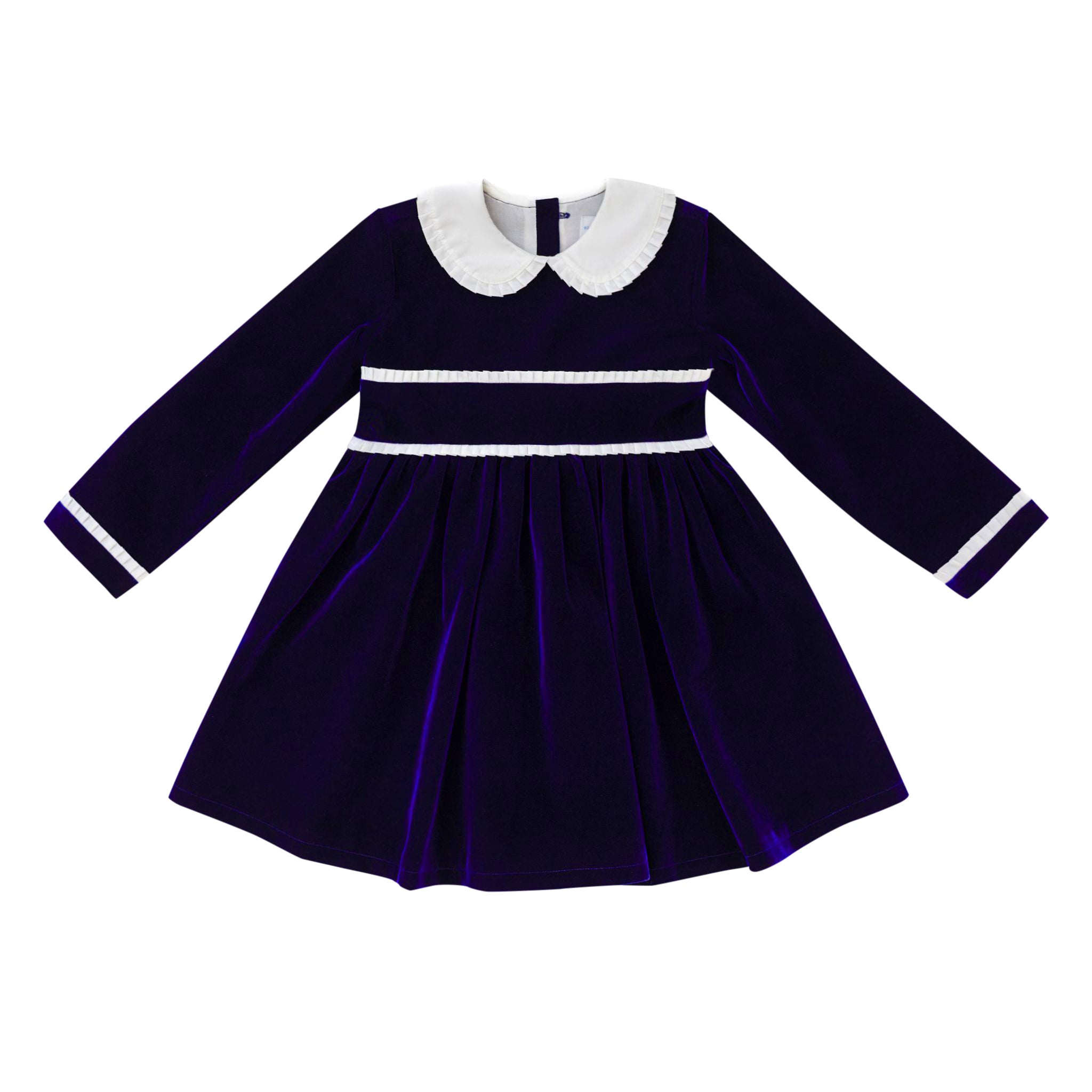 Girls long sleeve navy velvet party dress with white pleated details and pre-tied back bow, perfect for fall family photos and special occasions from Henry Duvall