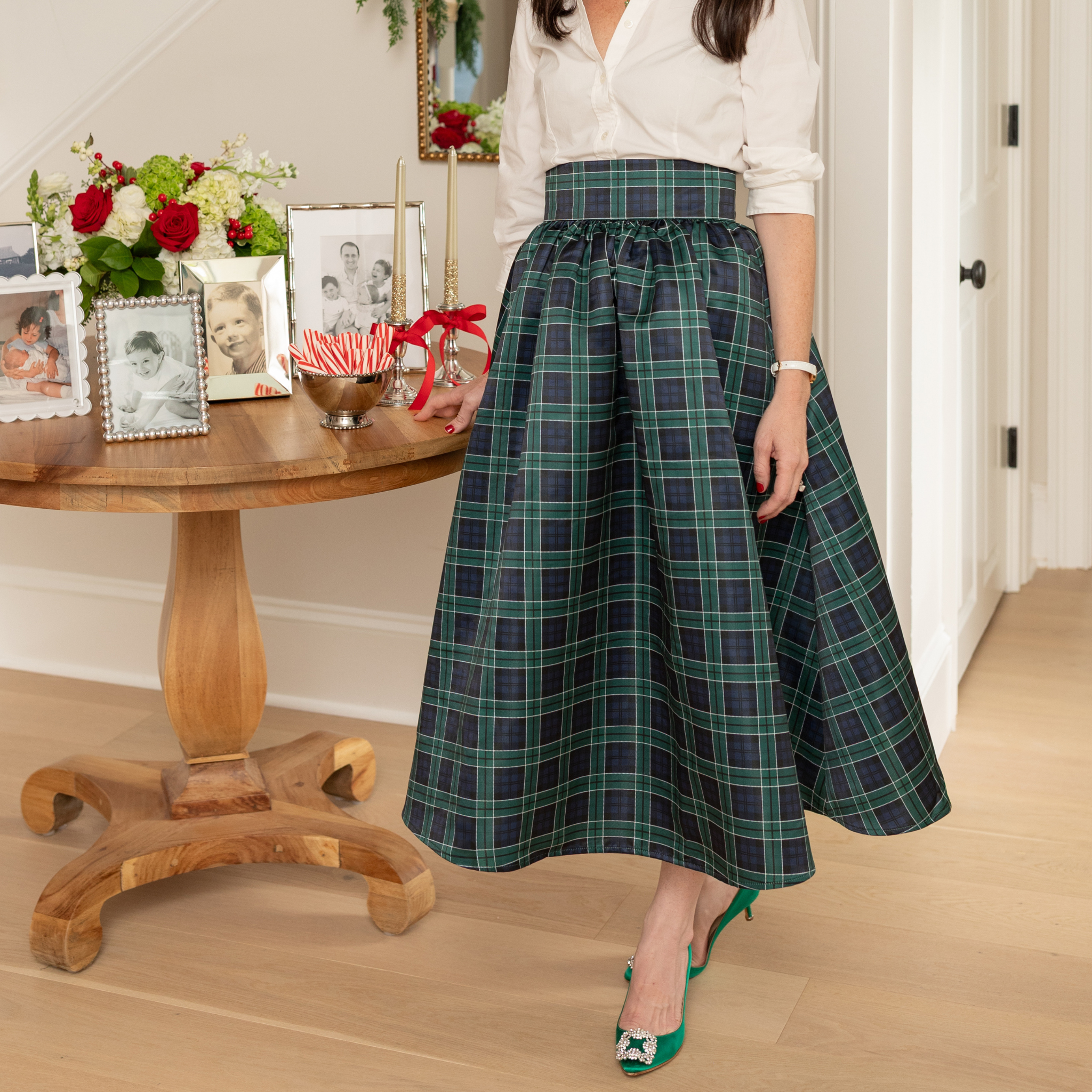 Henry Duvall Audrey Skirt for women in green and navy Newbury Tartan, classic holiday plaid skirt with flattering pleats and timeless silhouette, perfect for festive gatherings and family photos