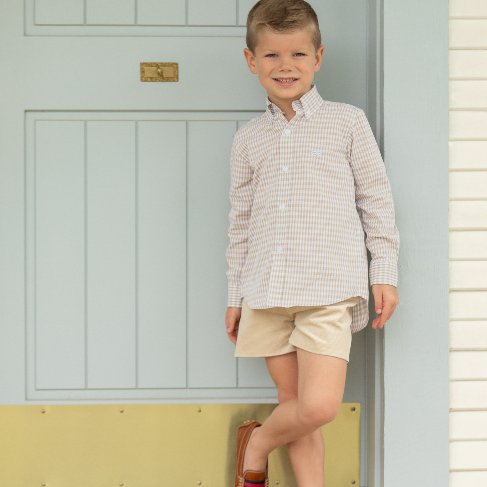 Henry Duvall Robert Shorts in King’s Way Khaki Corduroy, classic fall toddler boys dress shorts with flat front and elastic back, perfect for pairing with gingham shirts and sibling sets