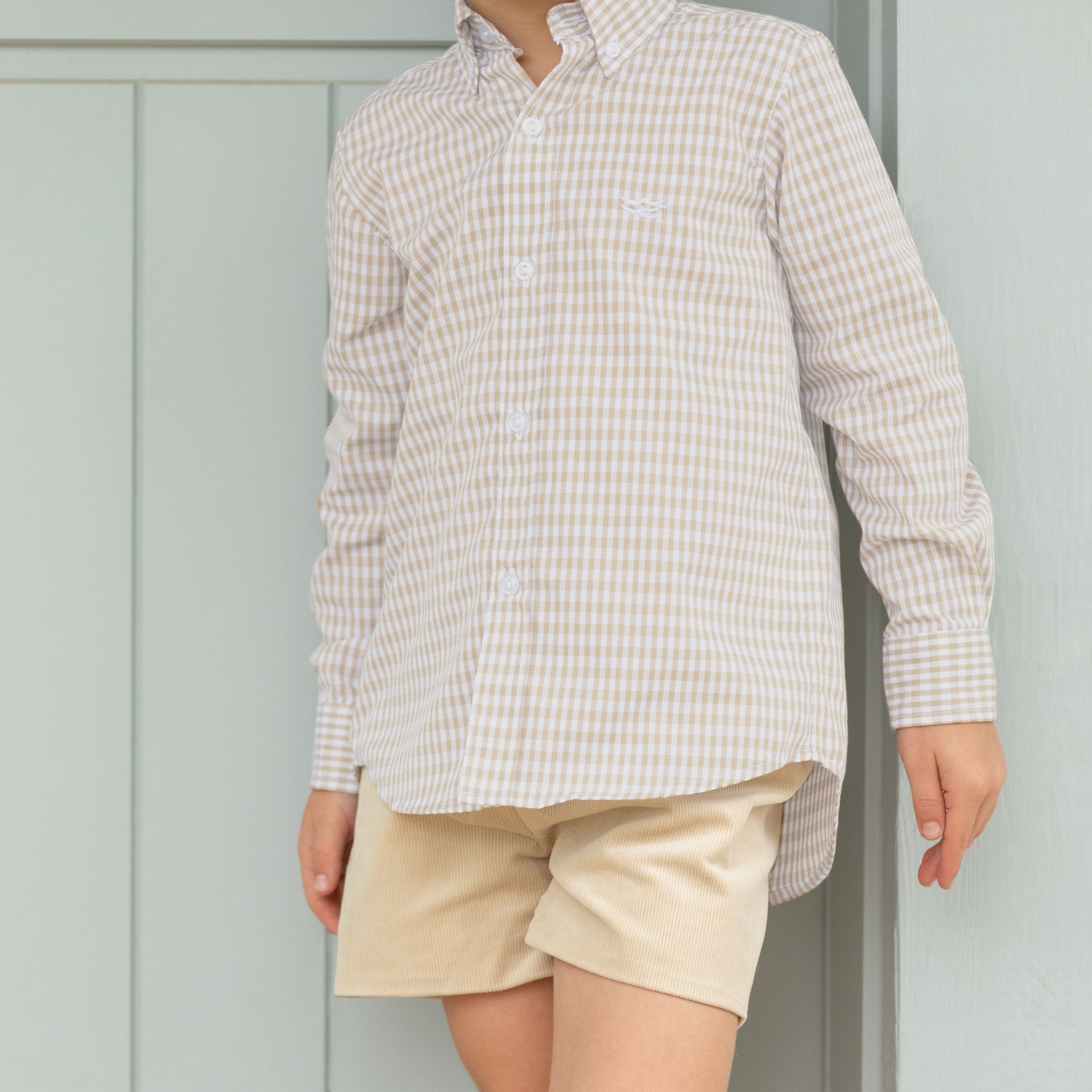 Henry Duvall Robert Shorts in King’s Way Khaki Corduroy, classic fall toddler boys dress shorts with flat front and elastic back, perfect for pairing with gingham shirts and sibling sets