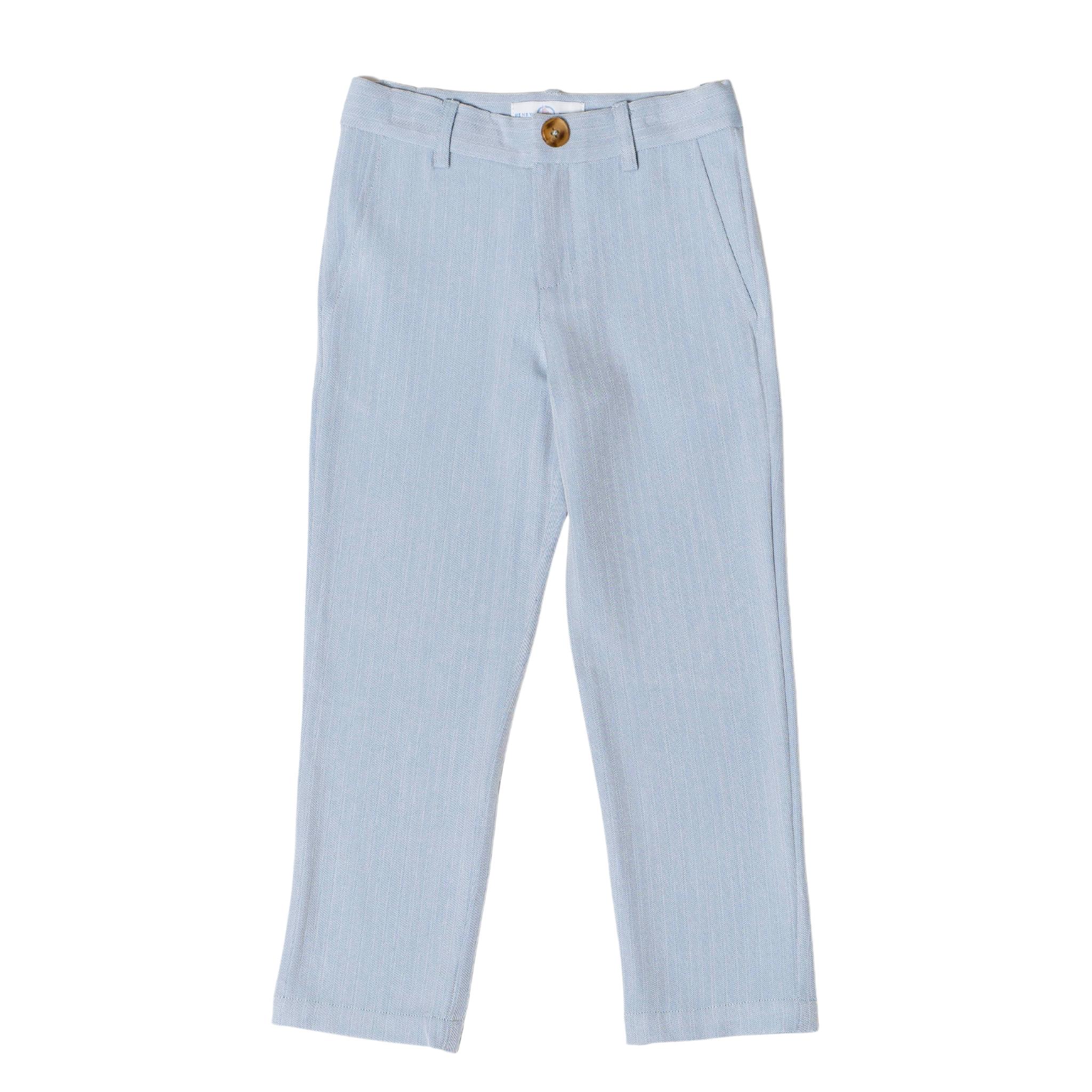 Henry Duvall Bradford Trousers for boys in blue gray herringbone, classic fall and winter pants with elastic back, heirloom-inspired English heritage style