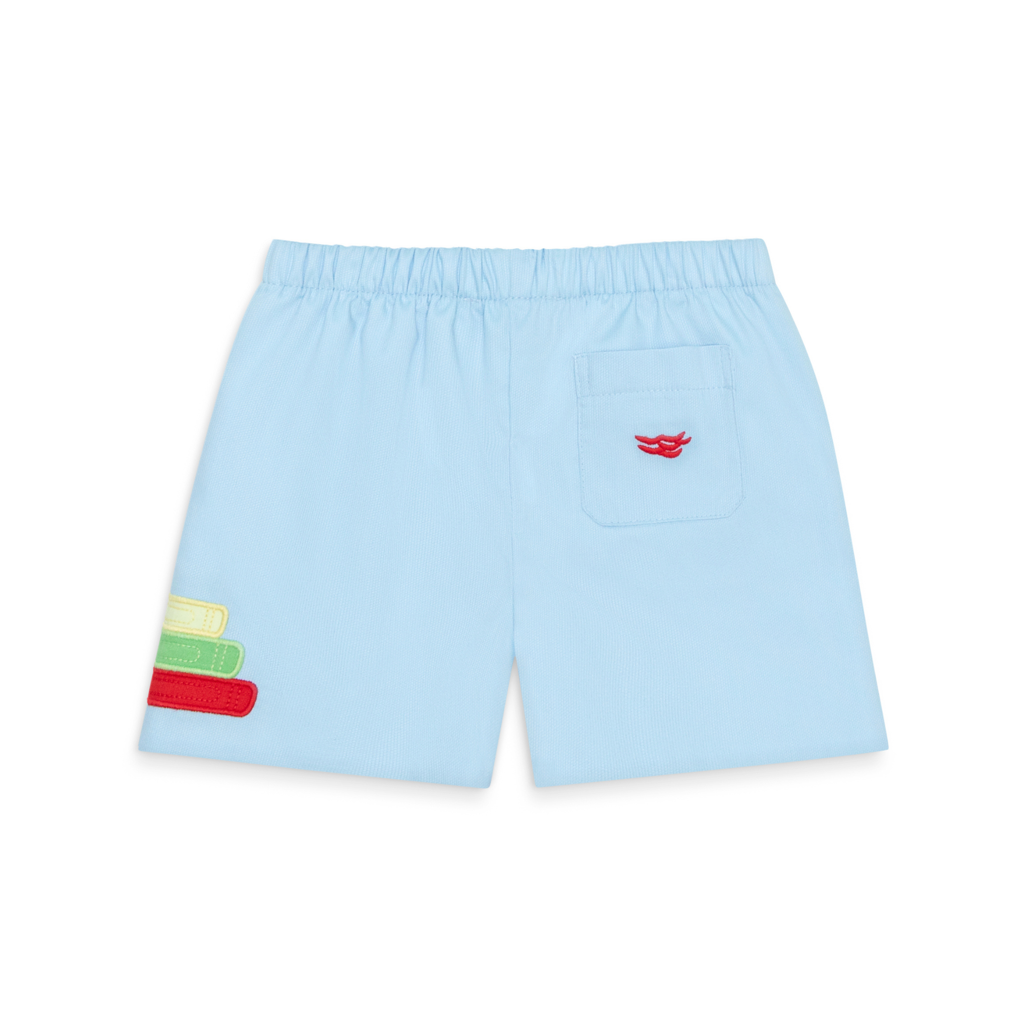 Henry Duvall Liam Shorts in Bailey's Bay Blue with crayon appliqué, classic boys back-to-school shorts with elastic waist for first day of school photos and everyday fall wear.