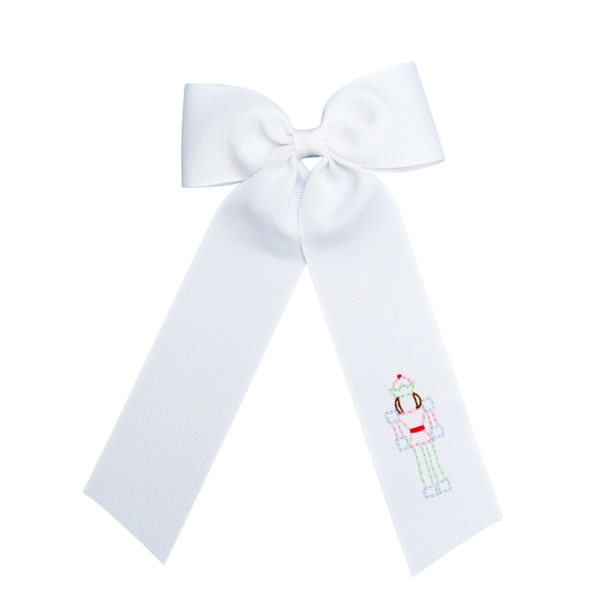 White bow with embroidered design on a white background