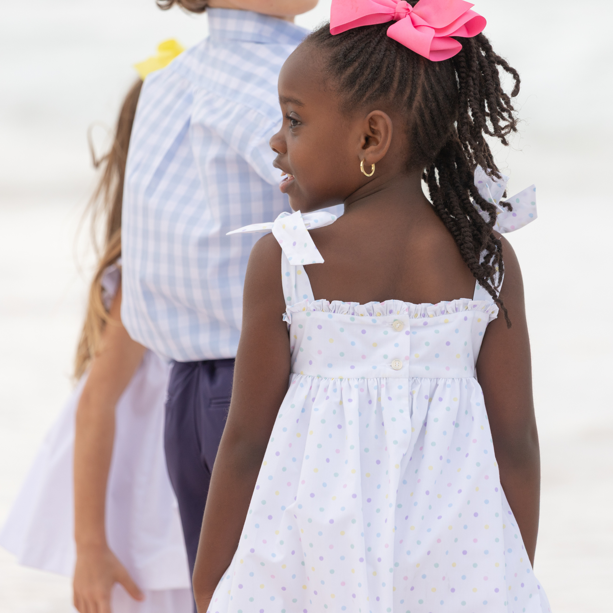 Henry Duvall Daisy Dress in Dunmore Dot print with hand-smocked bodice and shoulder bow ties, classic heirloom summer dress for girls