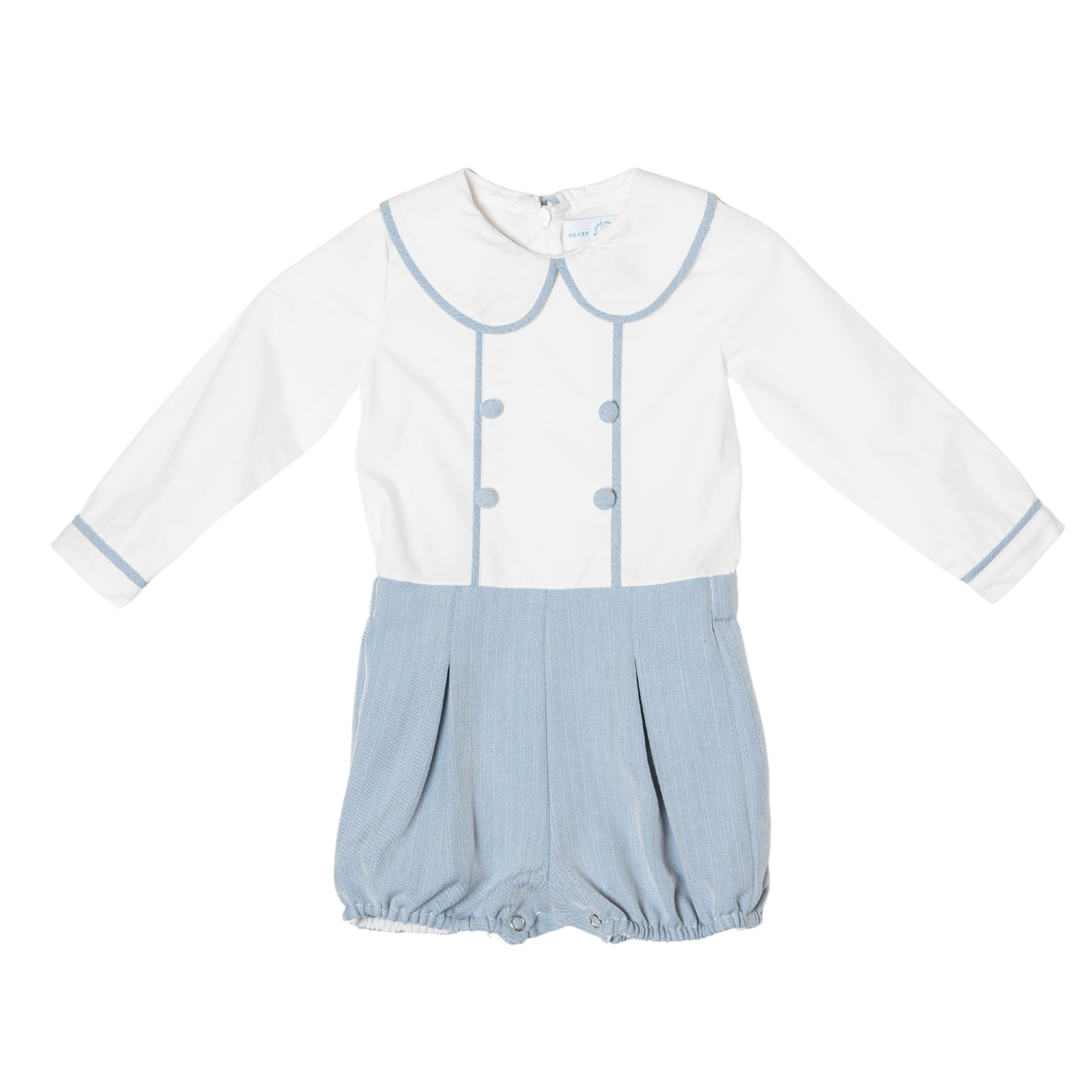 Classic baby boy bubble romper in blue gray herringbone fabric, inspired by English heritage style, heirloom-quality traditional boys clothing for portraits, holidays, and special occasions