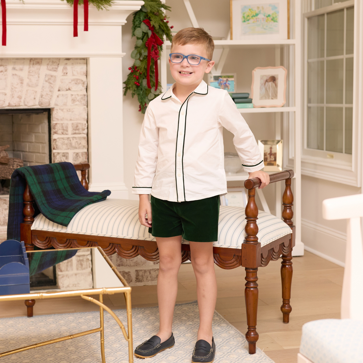Sullivan Shorts Set for boys in Grafton Green Velvet, featuring a white long-sleeve Peter Pan collar shirt with green piping and coordinating green velvet shorts.