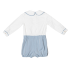 Classic baby boy bubble romper in blue gray herringbone fabric, inspired by English heritage style, heirloom-quality traditional boys clothing for portraits, holidays, and special occasions