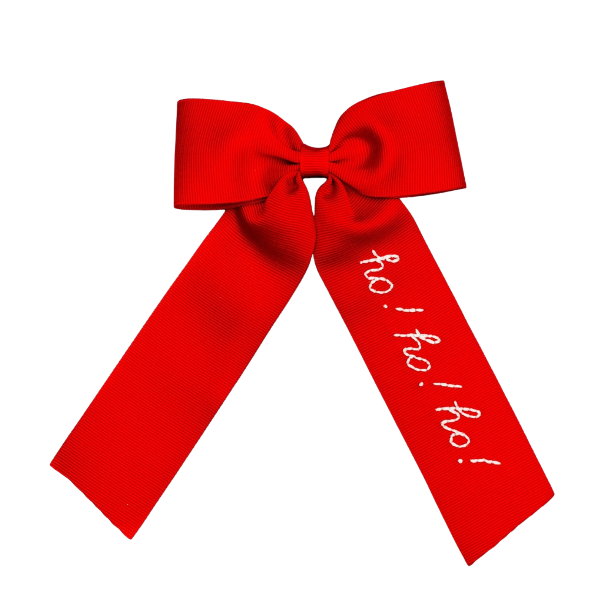 Red bow with 'ho! ho! ho!' text on a white background