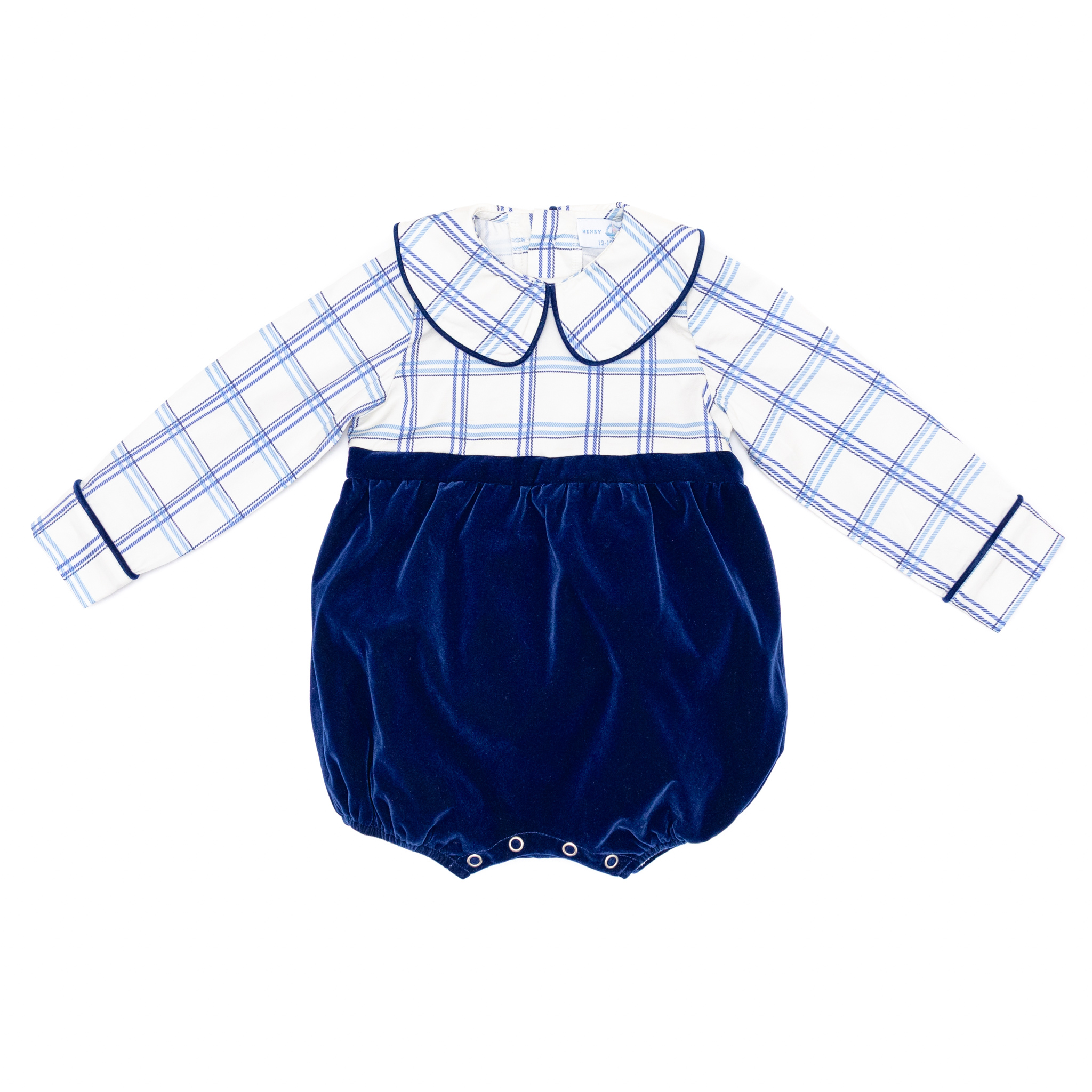 Henry Duvall Beau Bubble with Prescott Plaid top and Back Bay Blue Velvet bottom, long sleeve baby boy holiday romper with HD buttons and diaper snaps