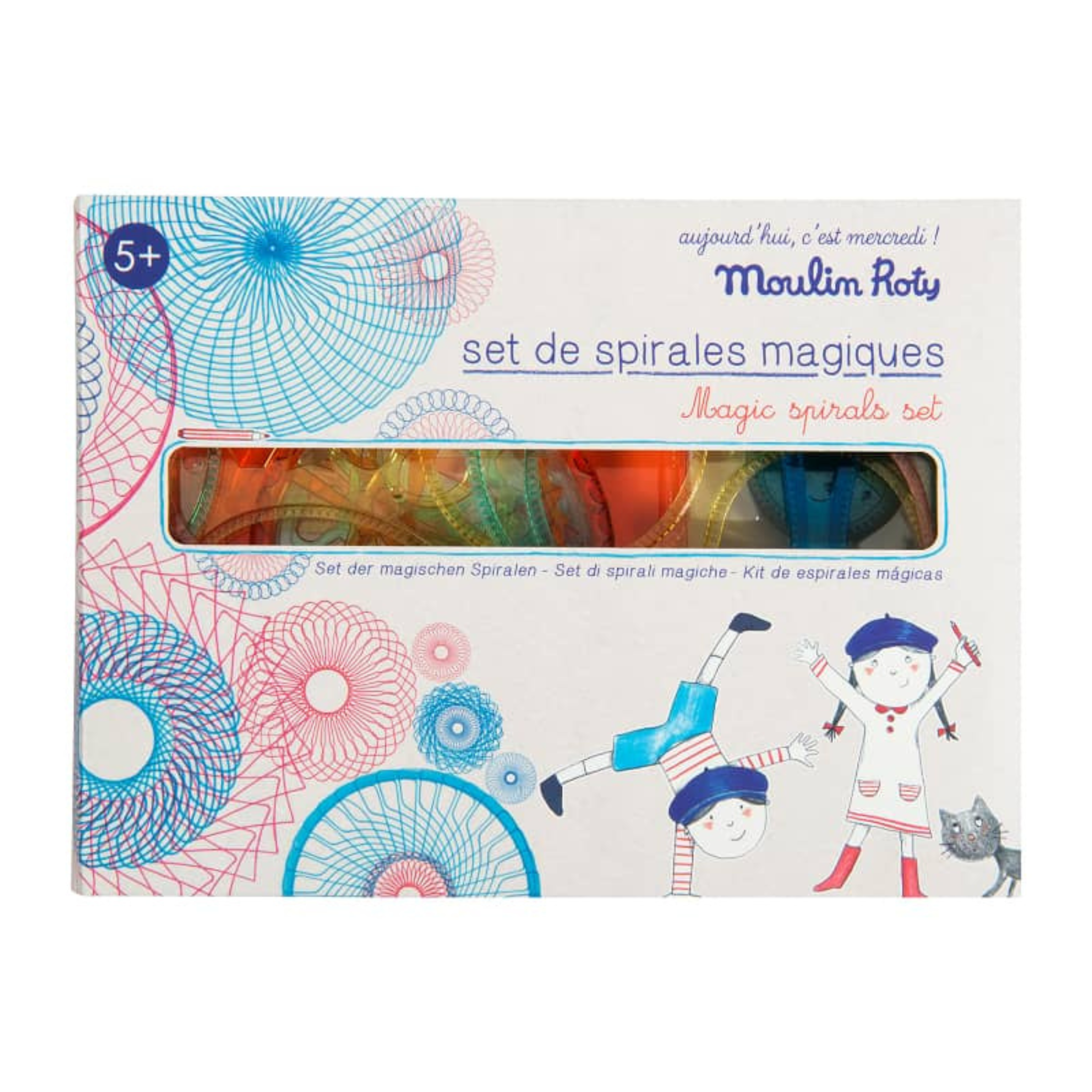 Magic spiral drawing set for kids in illustrated box, includes colorful gears and frames for creating spirograph-style art