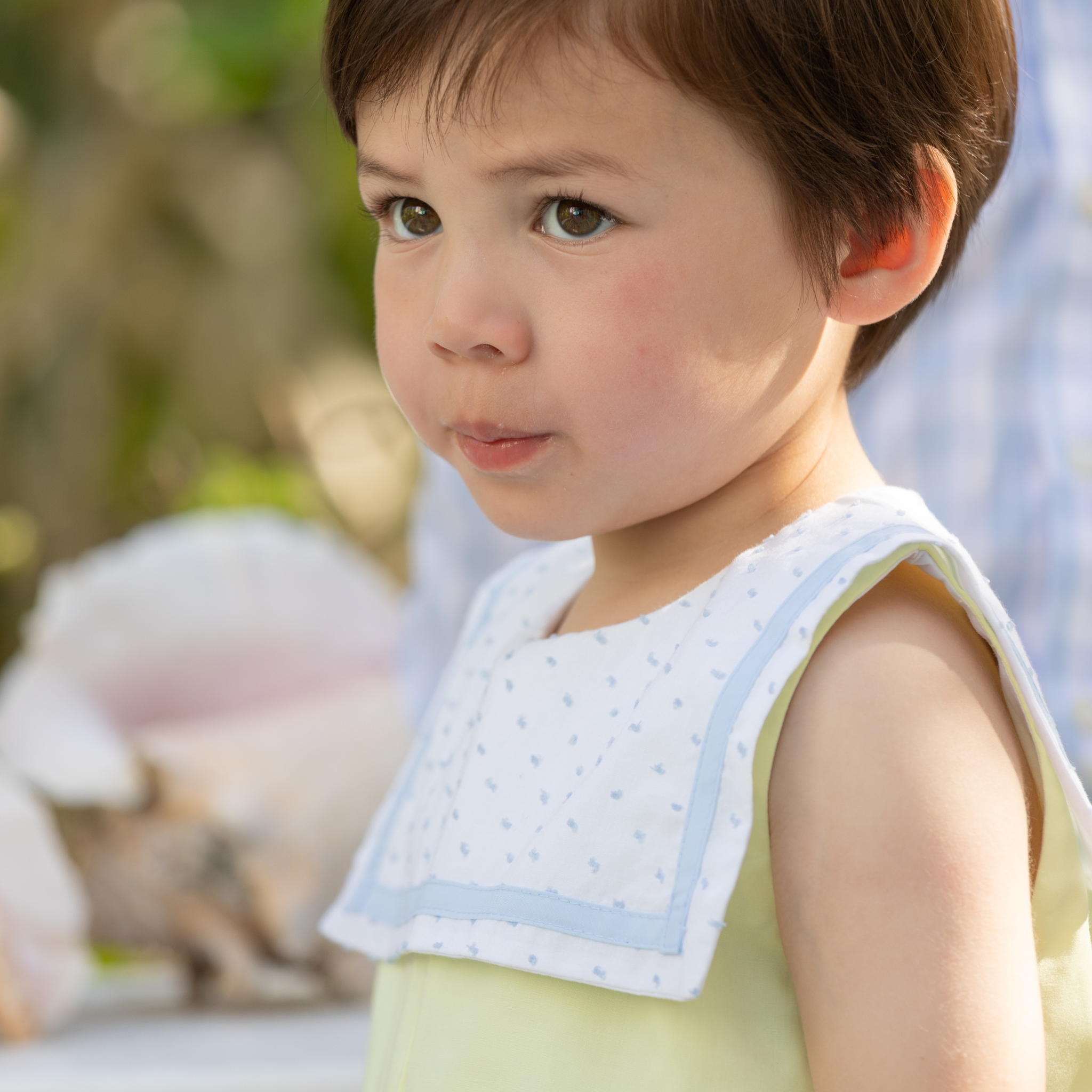 Henry Duvall Saylor Jon Jon in soft yellow fabric with blue Swiss dot sailor collar and trim, classic heirloom baby boy summer outfit
