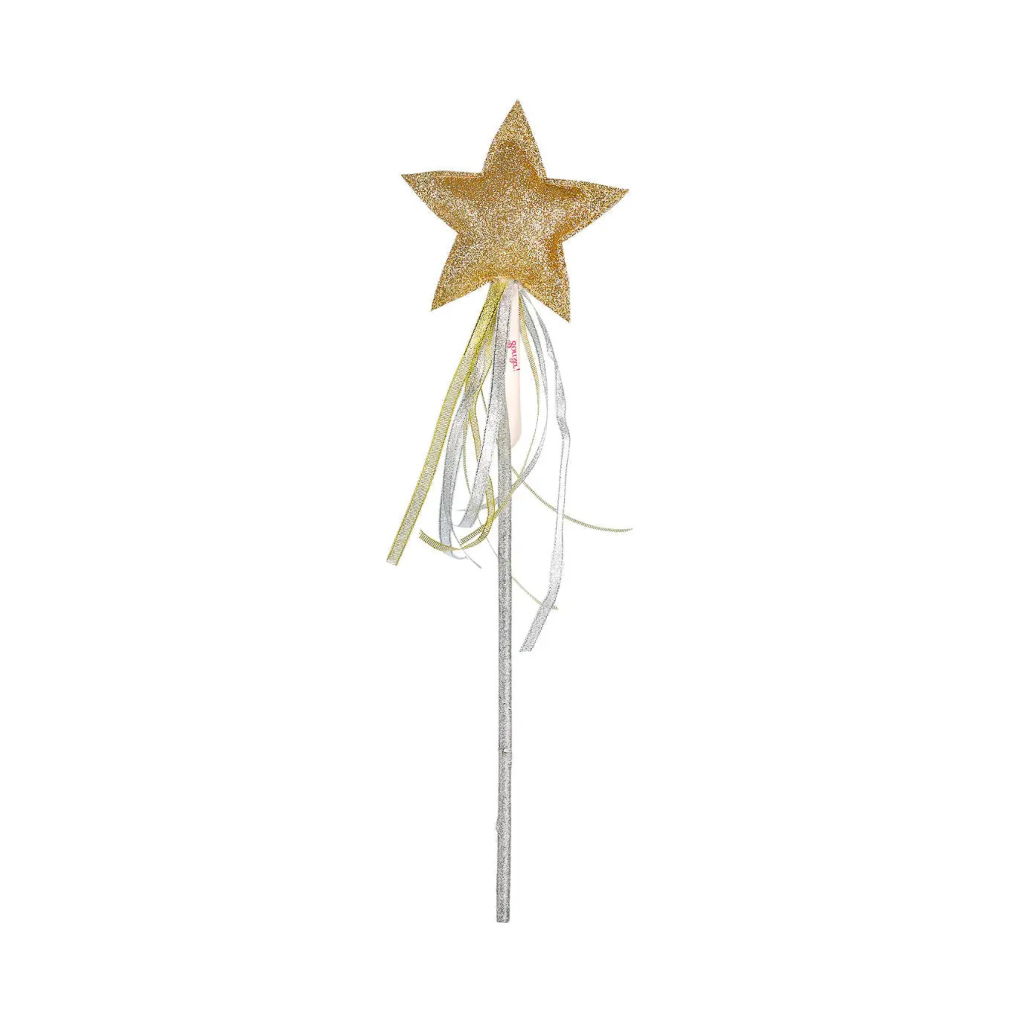 Gold star dress-up wand with satin ribbon streamers, perfect stocking stuffer or holiday accessory for little girls