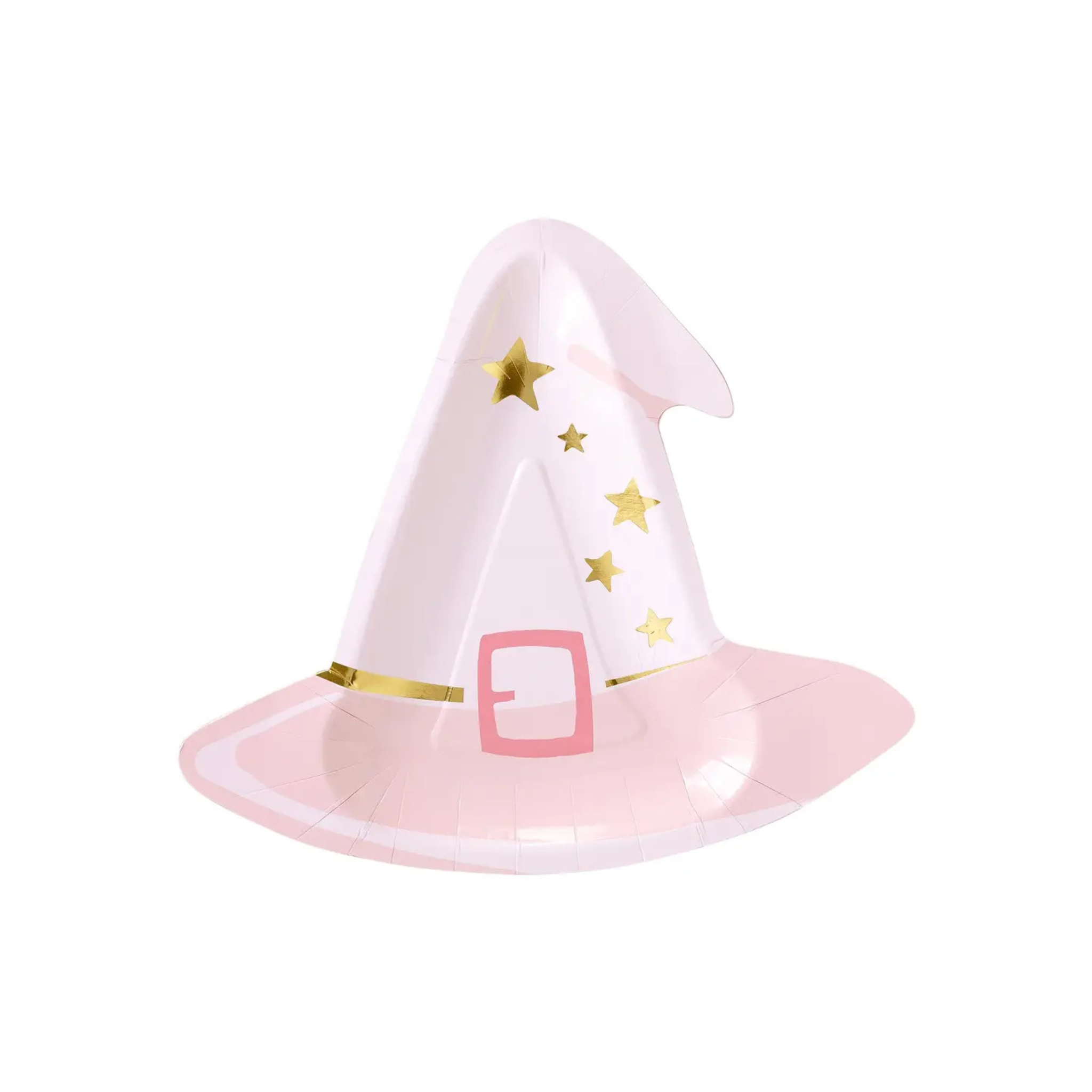 Set of 8 pink witch hat-shaped paper plates with gold foil accents, festive Halloween tableware for girls parties or whimsical holiday decor