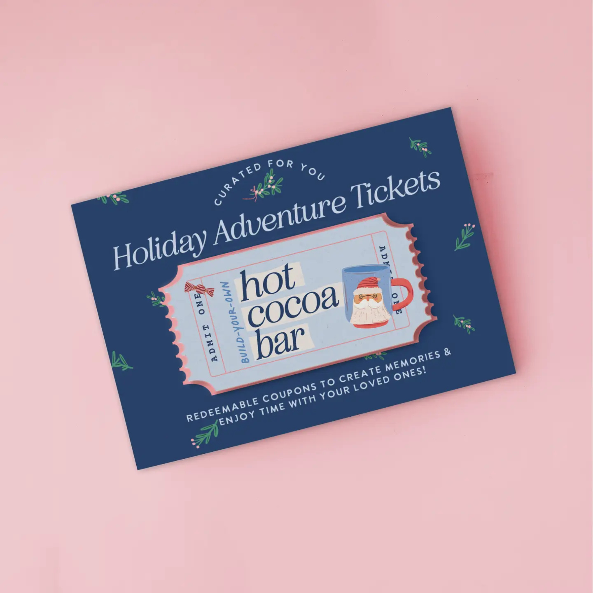 Holiday activity coupon book for kids with 12 tear-off tickets featuring festive family activities like baking, light tours, and game nights; ideal for a season full of memory-making
