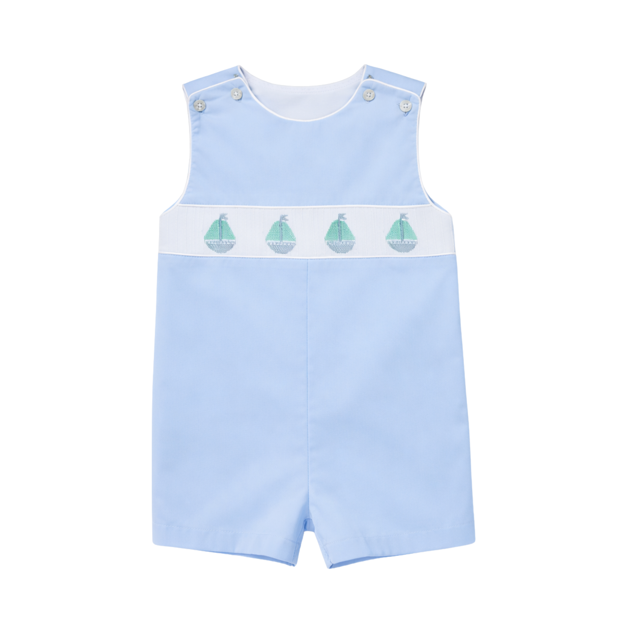 Henry Duvall Jennings Jon Jon in Bailey’s Bay Blue cotton with hand-smocked sailboats, classic heirloom baby boy summer outfit