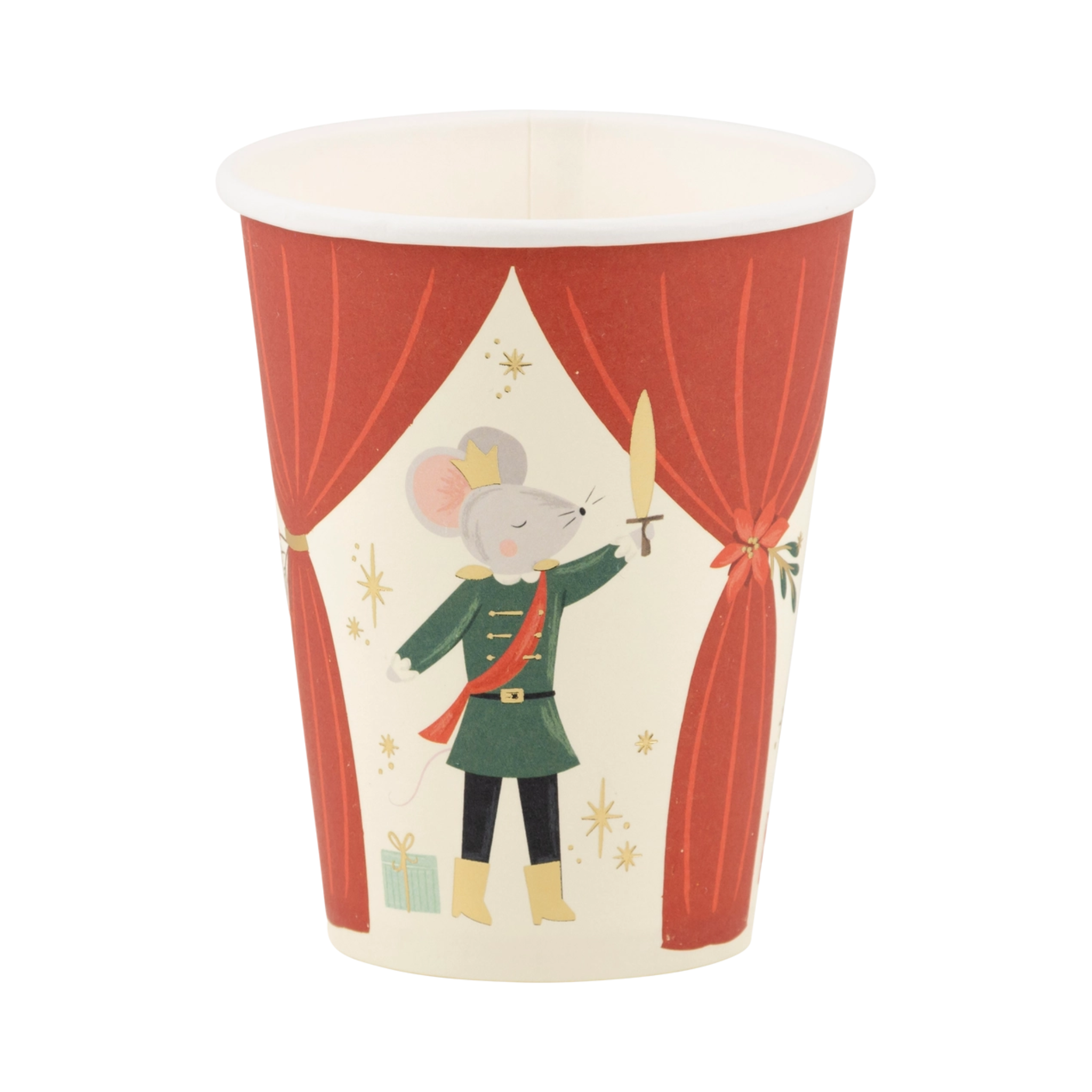 Set of 8 festive paper cups featuring a colorful nutcracker design, perfect for holiday drinks and Christmas party celebrations