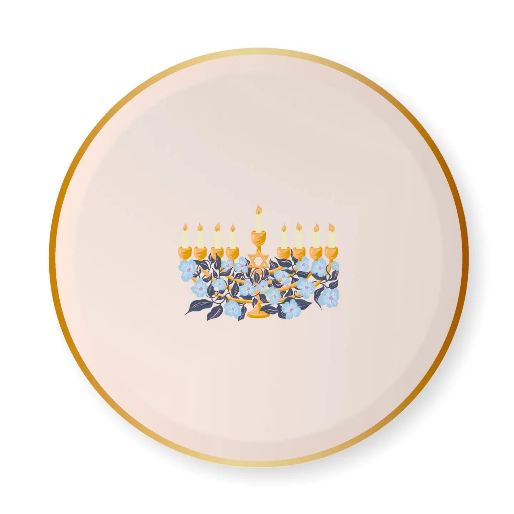 Round cream-colored Hanukkah paper plate with a gold rim and a central illustration of a golden menorah surrounded by soft blue florals, designed by Bonjour Fête x One & Only Paper