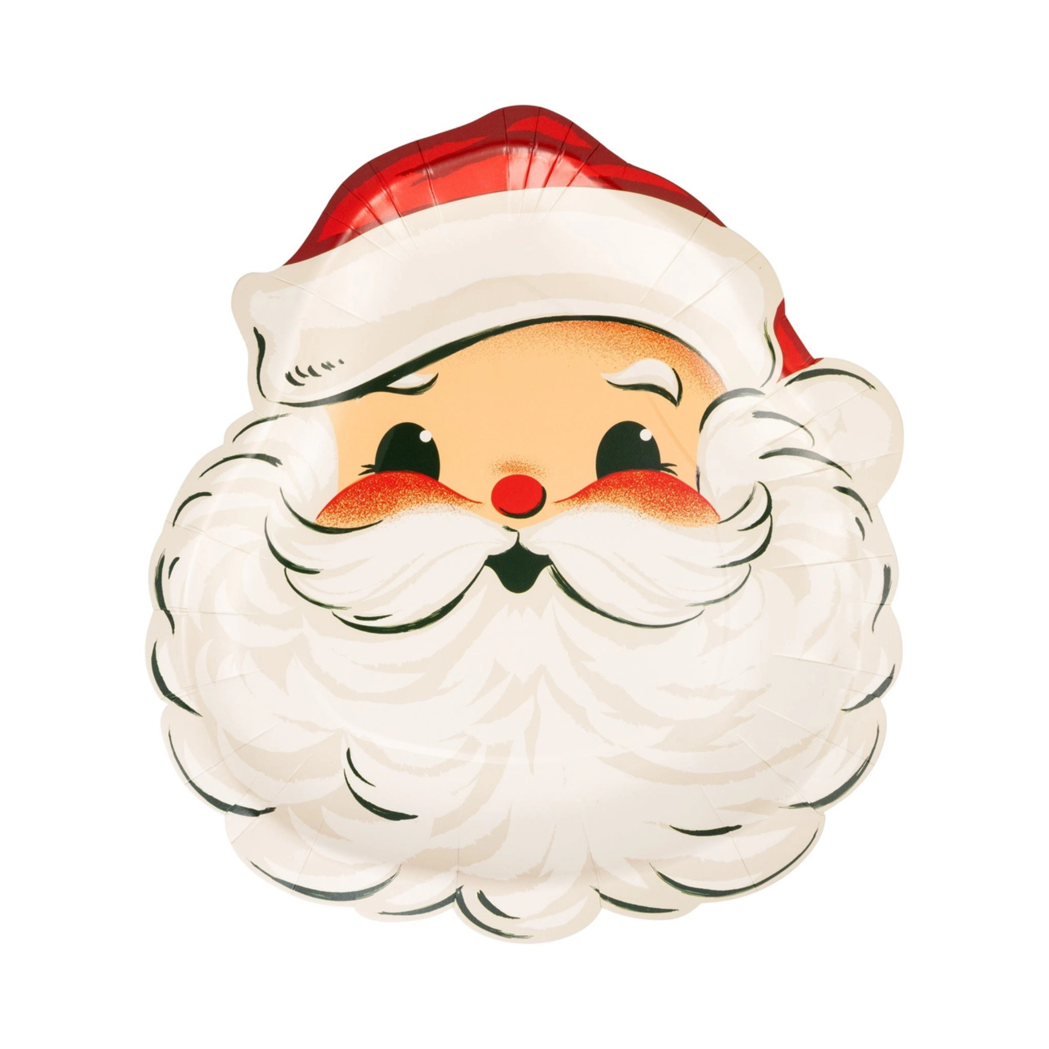Retro Santa face-shaped paper plate with a vintage illustration of Santa Claus wearing a red hat, rosy cheeks, and a fluffy white beard, perfect for Christmas parties.