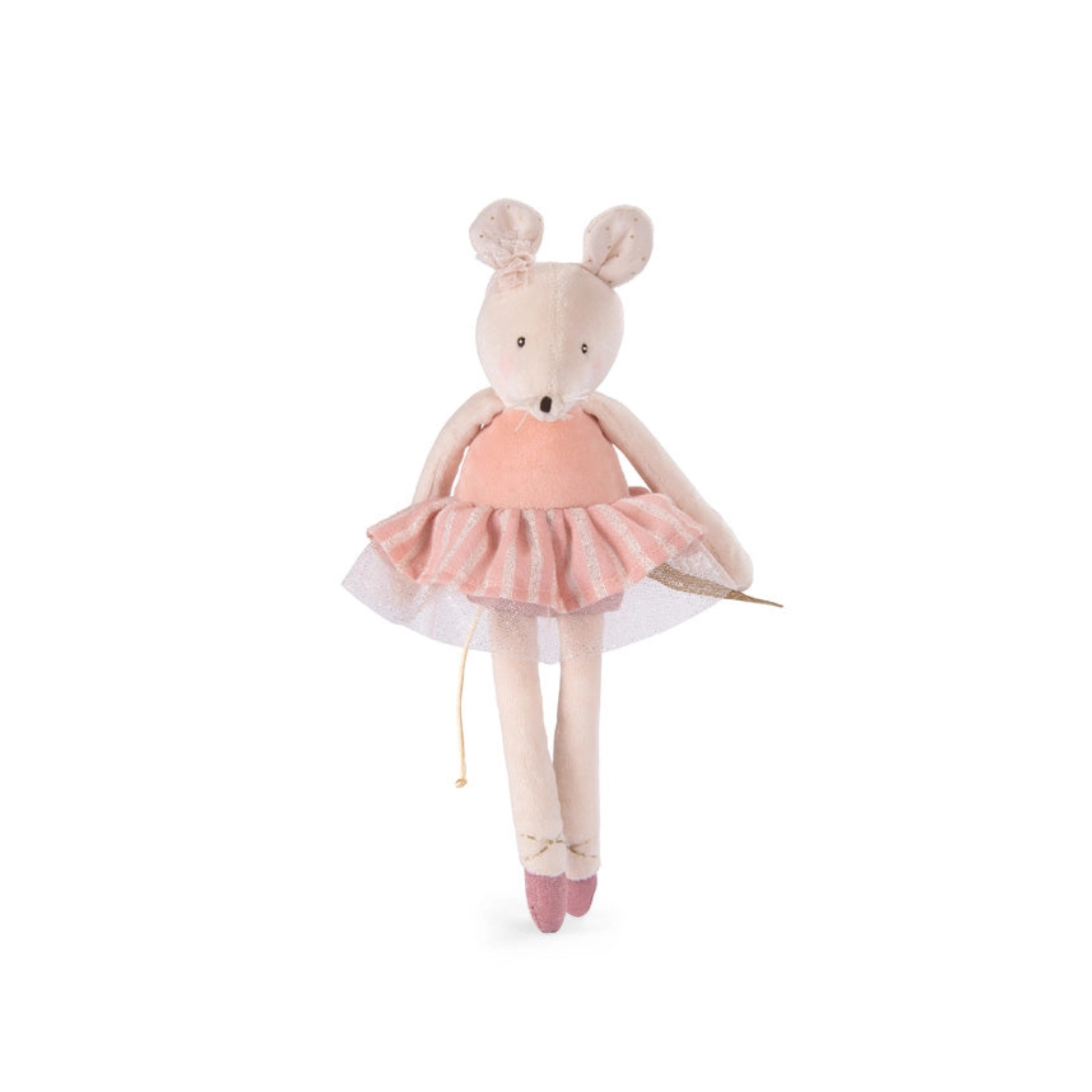Velvet ballerina mouse plush with embroidered face, pink striped tutu, bow detail, and ballet slippers — a timeless stocking stuffer or holiday keepsake for little girls