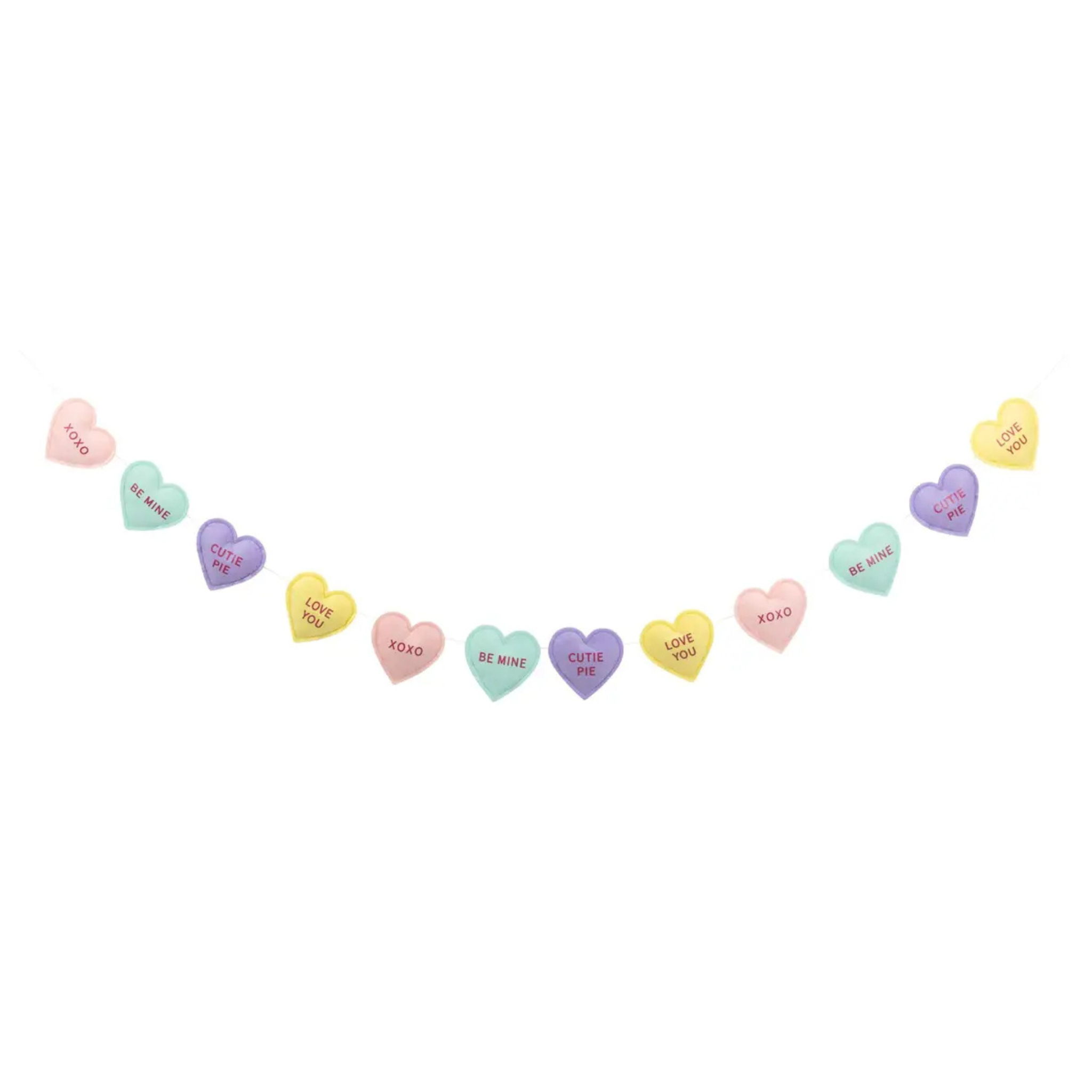 Conversation Hearts Felt Banner with pastel puffy hearts inspired by candy messages, valentines decor