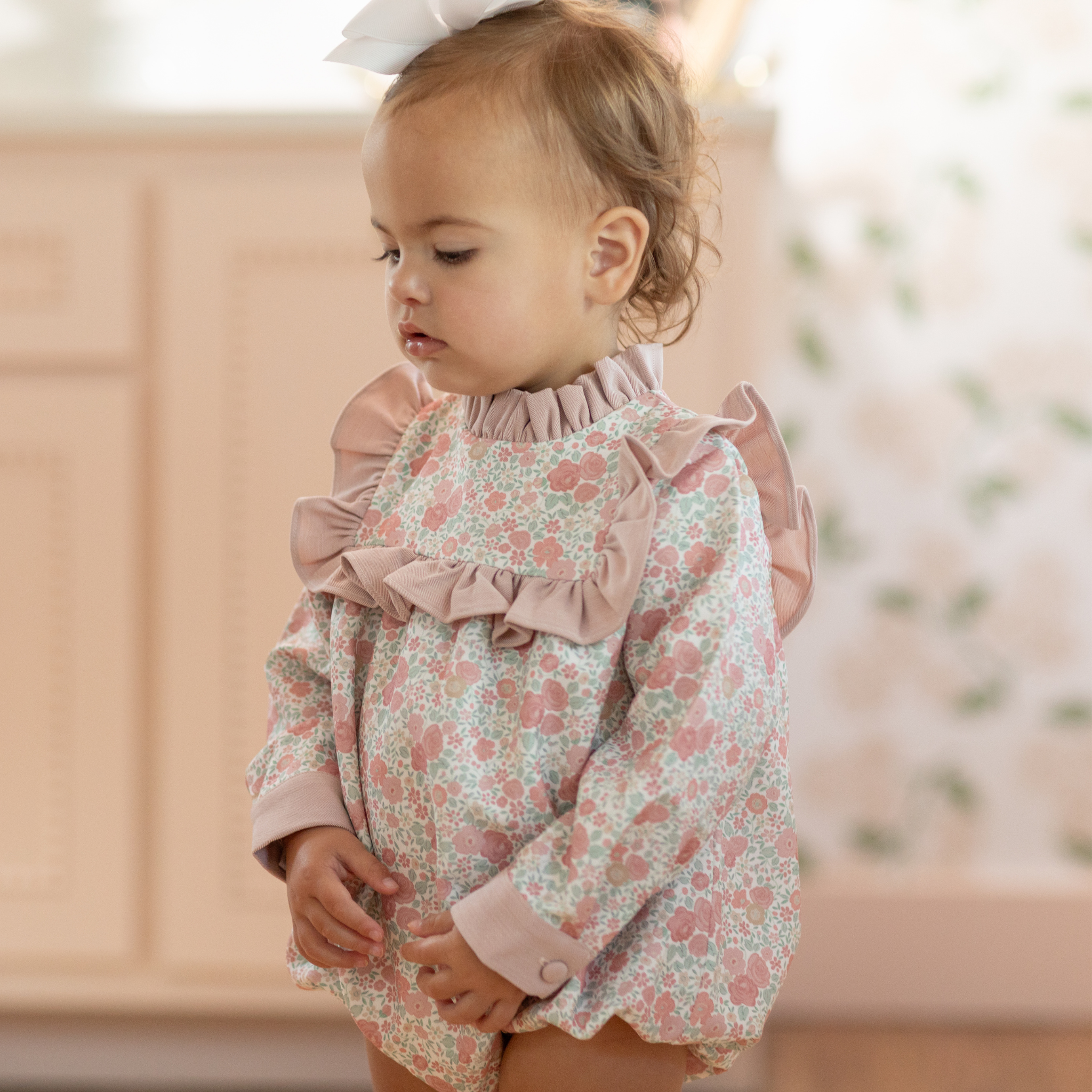 Henry Duvall Nora Bubble in Beacon Hill Blooms with Parker Pink Herringbone trim, classic fall baby girl outfit with ruffle details, traditional heirloom bubble for portraits and holidays