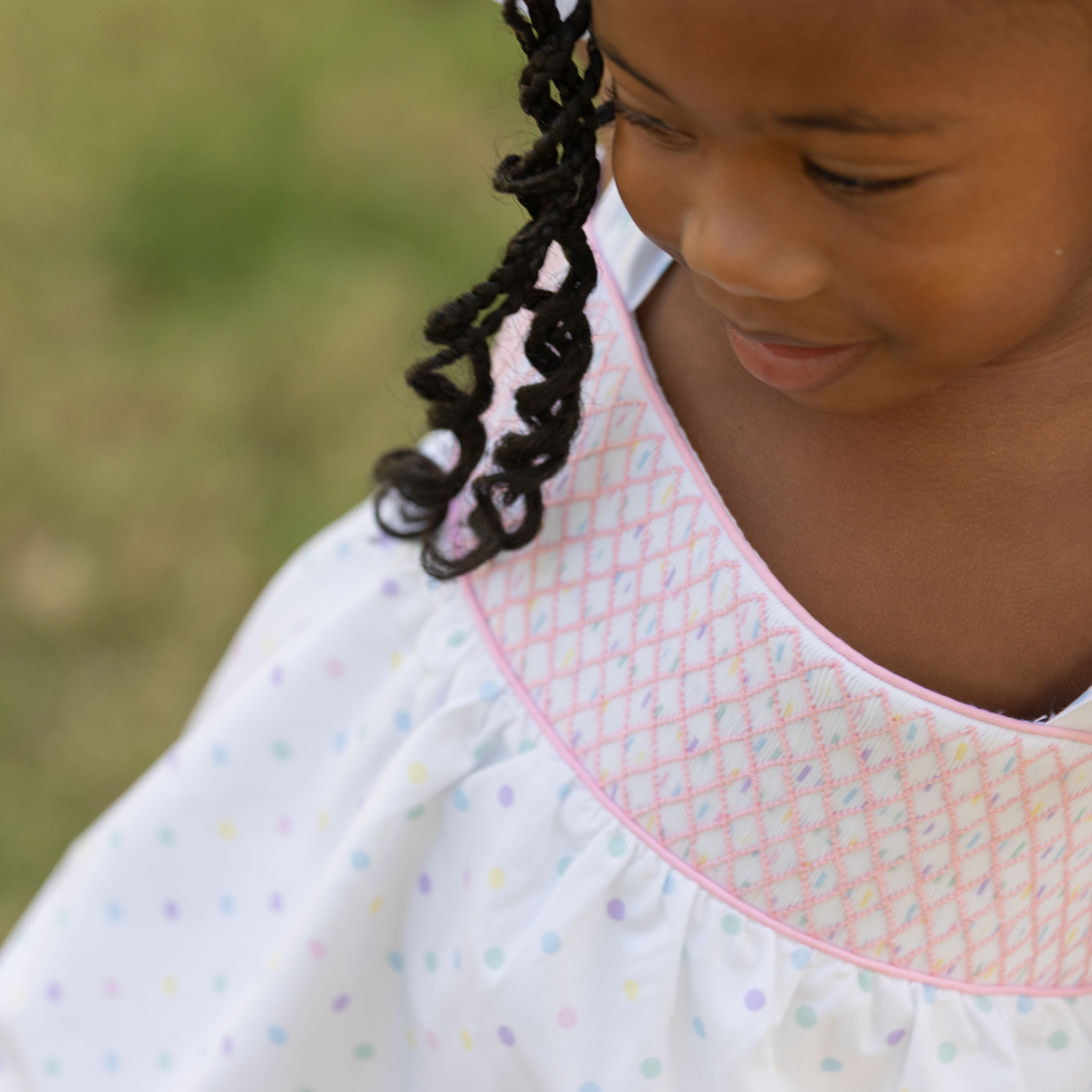 Henry Duvall Betsy Bloomer Set with hand-smocked top in Dumnore Dot print and matching pink bloomers, classic heirloom baby girl summer outfit with shoulder ties