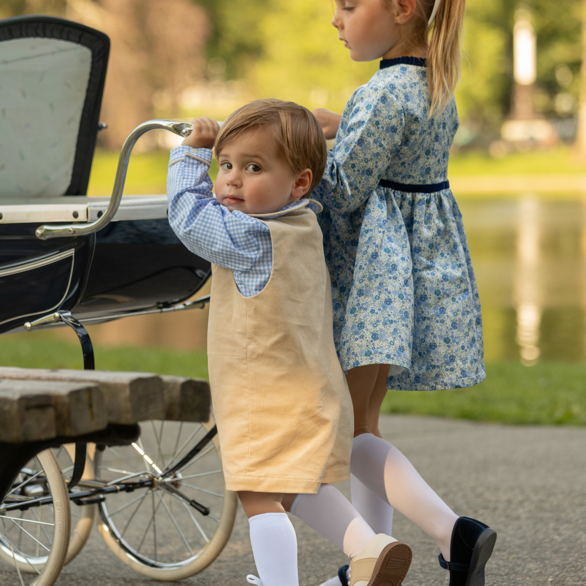 Henry Duvall Oliver Overalls in King’s Way Khaki Corduroy, classic toddler boys fall outfit with relaxed fit, perfect for layering with Peter Pan shirts or coordinating sibling looks