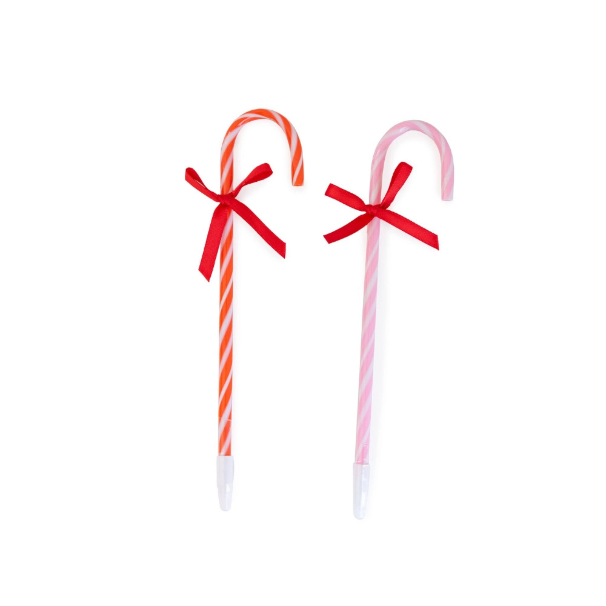 Red and pink candy cane-shaped holiday pens with festive bows, perfect for kids’ stockings or holiday gift bags; fun and colorful with peppermint-scented ink