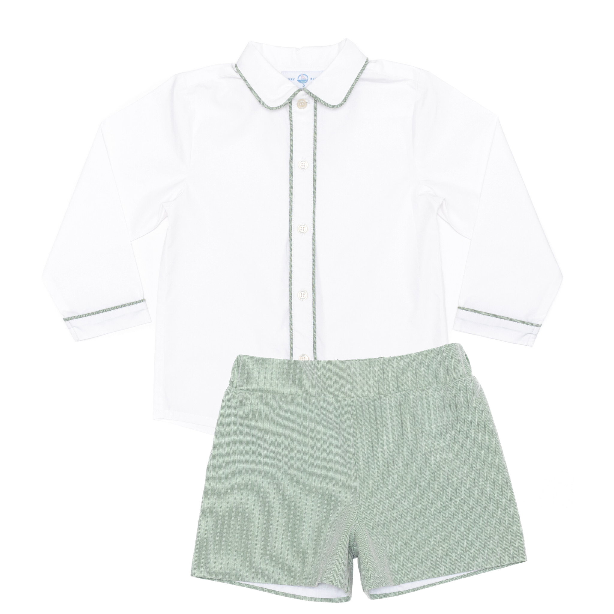 Henry Duvall Sullivan Shorts Set for toddler boys in sage herringbone, heirloom outfit with rounded collar shirt, classic English-inspired boys clothing