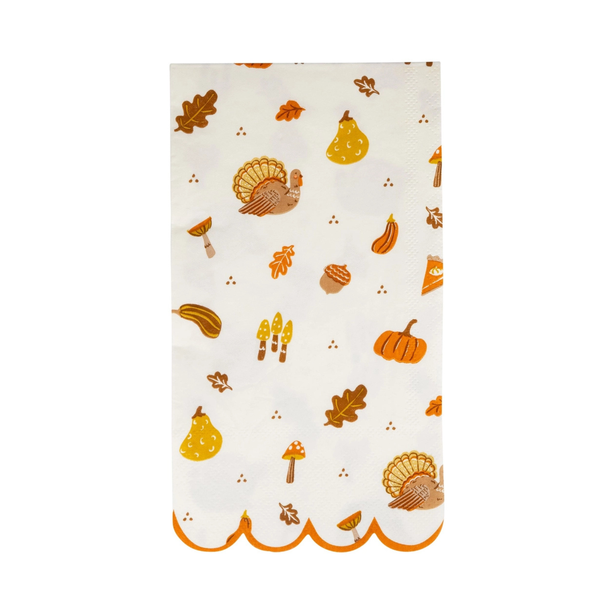 Thanksgiving dinner napkins with festive icons including pumpkins, leaves, and turkeys, set of 24 paper napkins for fall and holiday entertaining