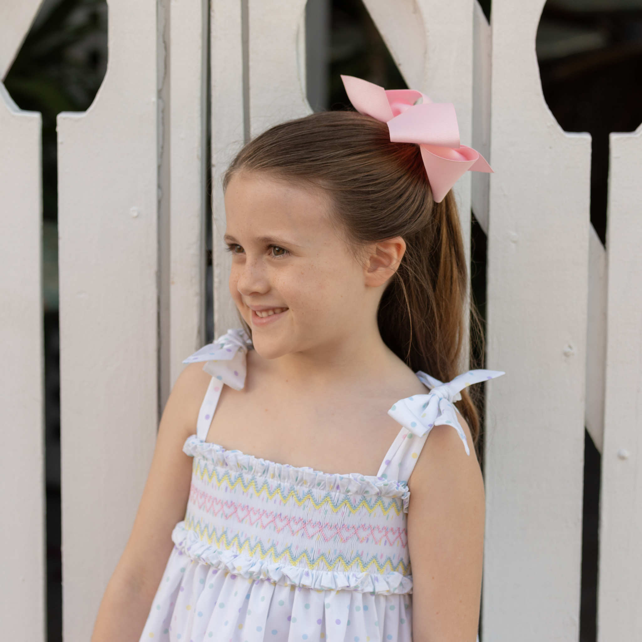 Henry Duvall Daisy Dress in Dunmore Dot print with hand-smocked bodice and shoulder bow ties, classic heirloom summer dress for girls