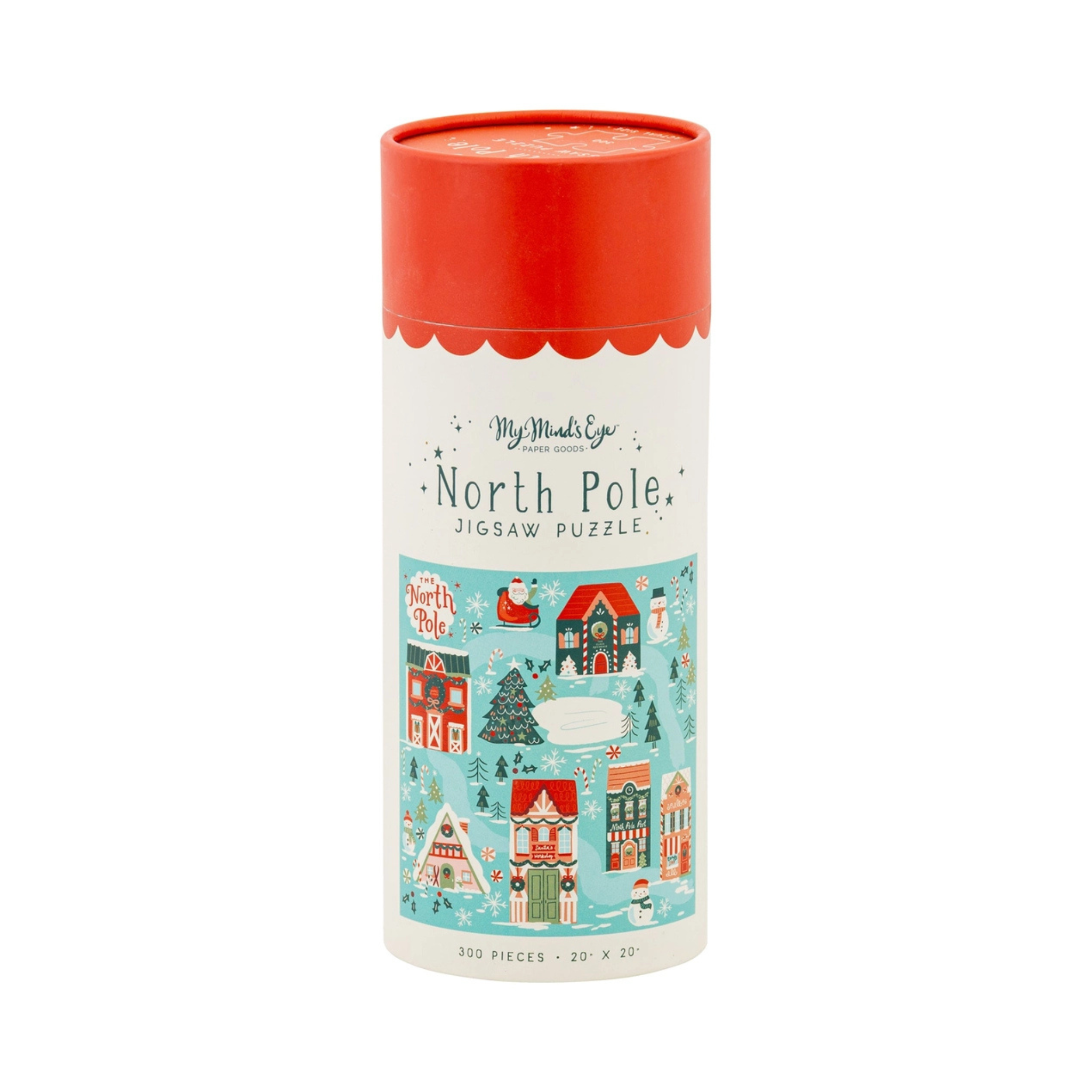 Cylindrical container labeled “North Pole Jigsaw Puzzle” with red lid and illustrated winter village scene featuring snow-covered houses, snowmen, Christmas trees, and Santa