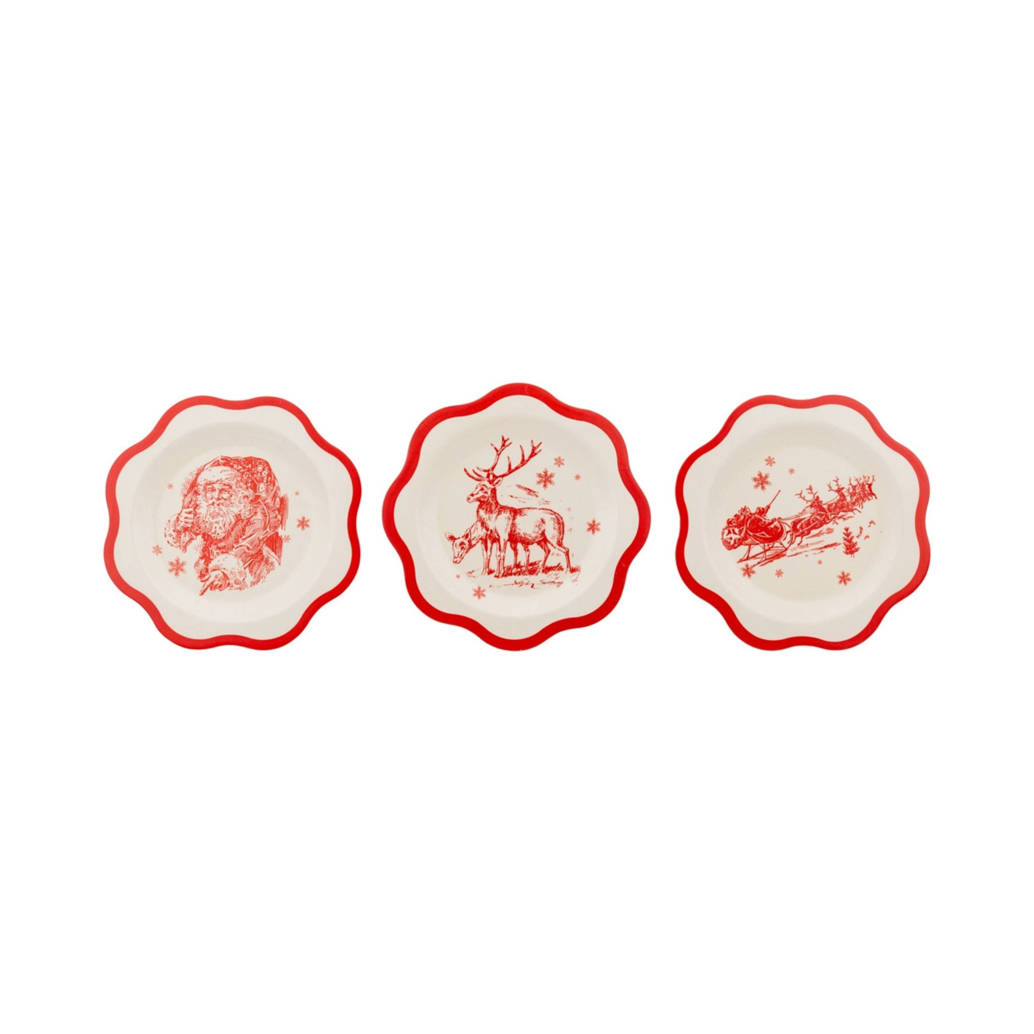 Set of three reusable red and cream Christmas bamboo plates with scalloped edges, featuring vintage-style illustrations of Santa Claus, reindeer, and a sleigh ride