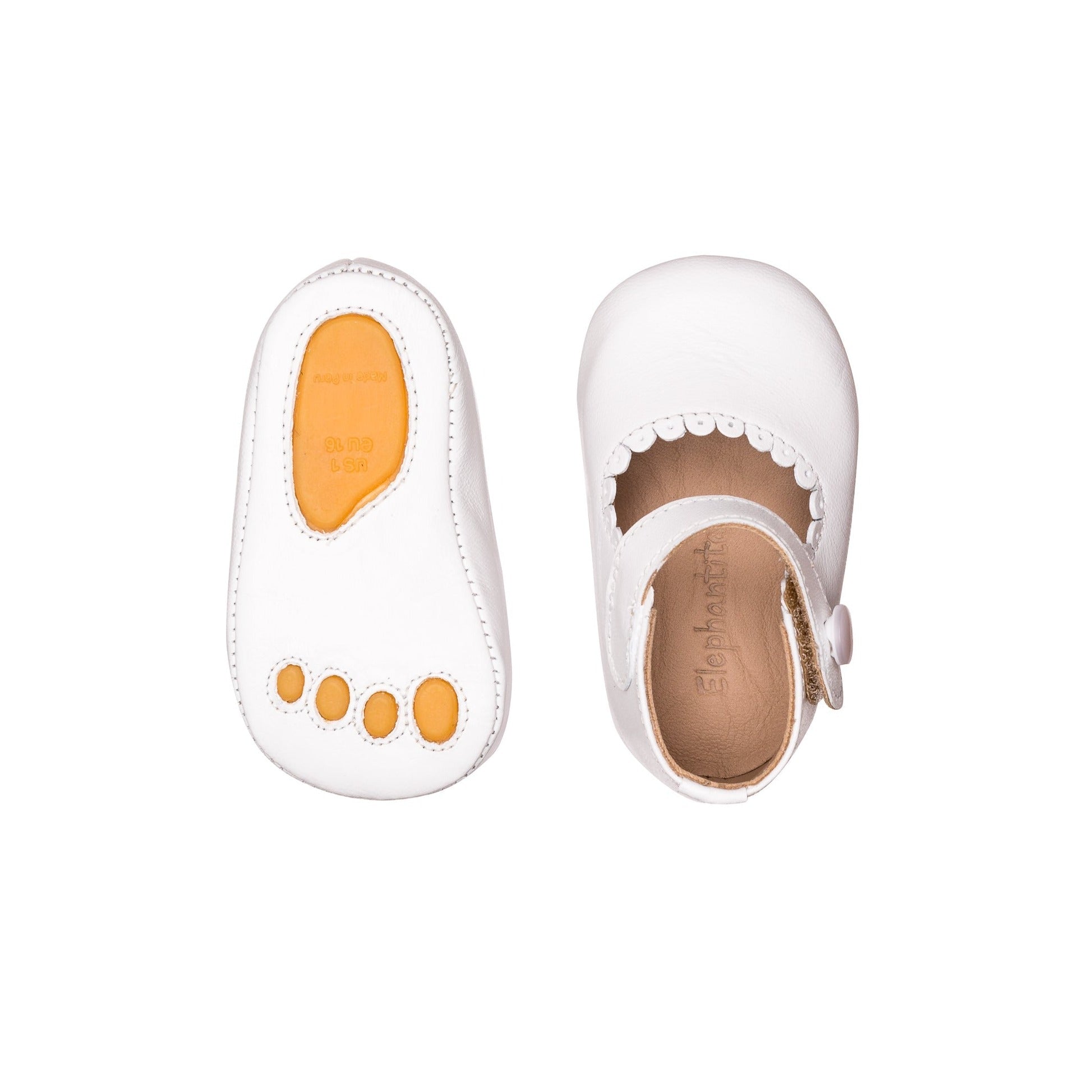 Elephantito baby Mary Jane shoes with scalloped edge, pearled button detail, and flexible rubber sole, classic first walker shoes for baby girls at Henry Duvall