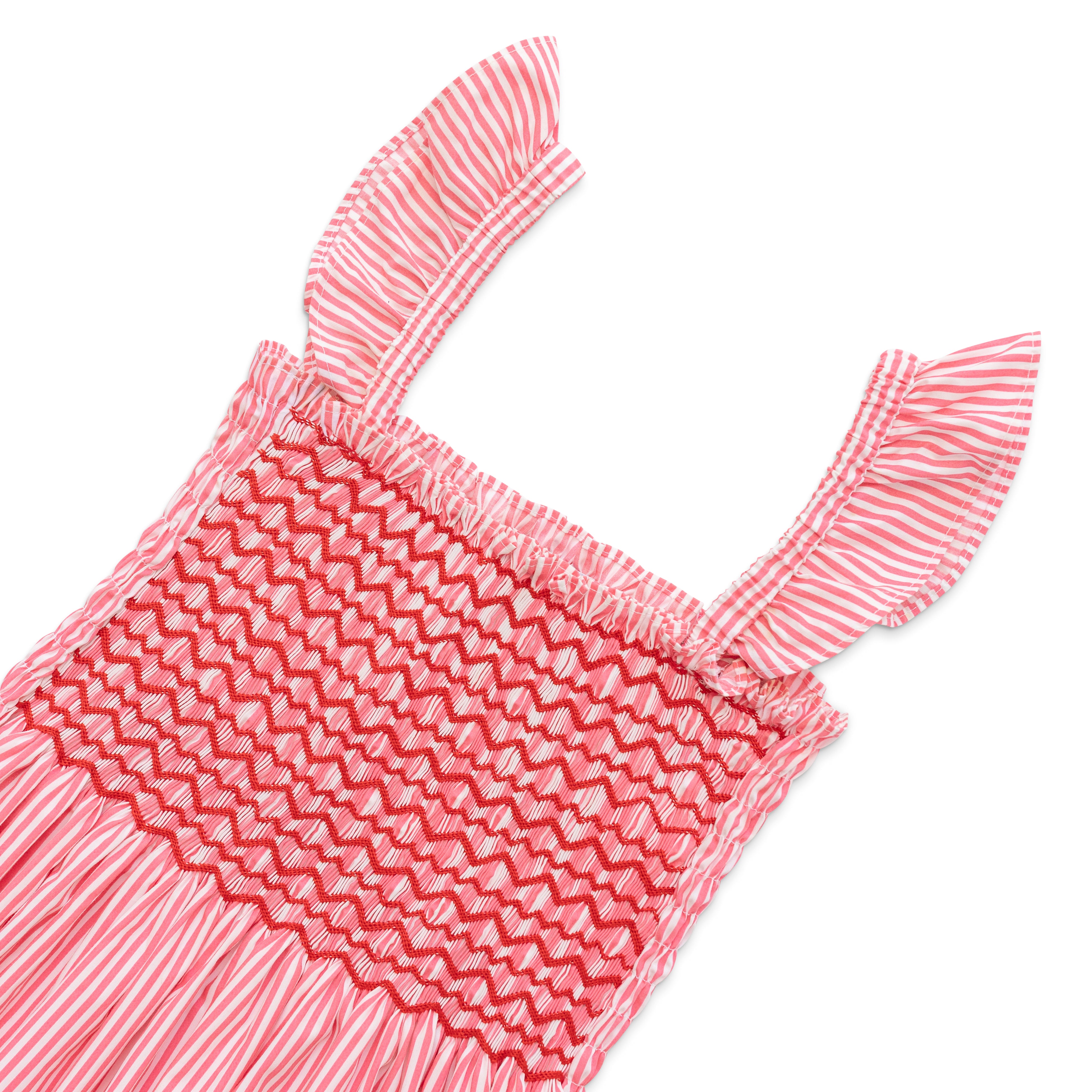 Henry Duvall Kate Dress for women in Sconset Stripe, a classic summer dress with smocked embroidered bodice and full gathered skirt.