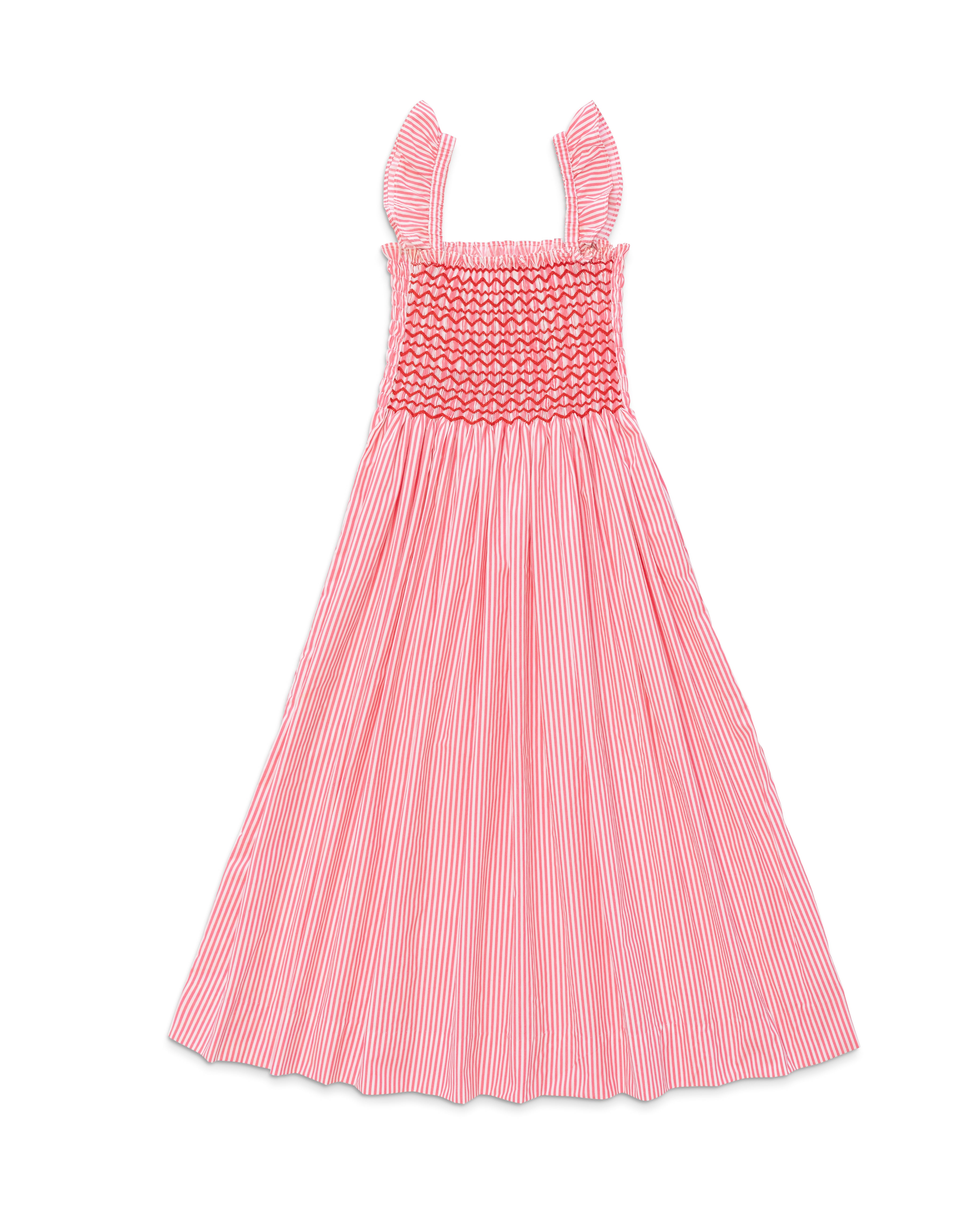 Henry Duvall Kate Dress for women in Sconset Stripe, a classic summer dress with smocked embroidered bodice and full gathered skirt.