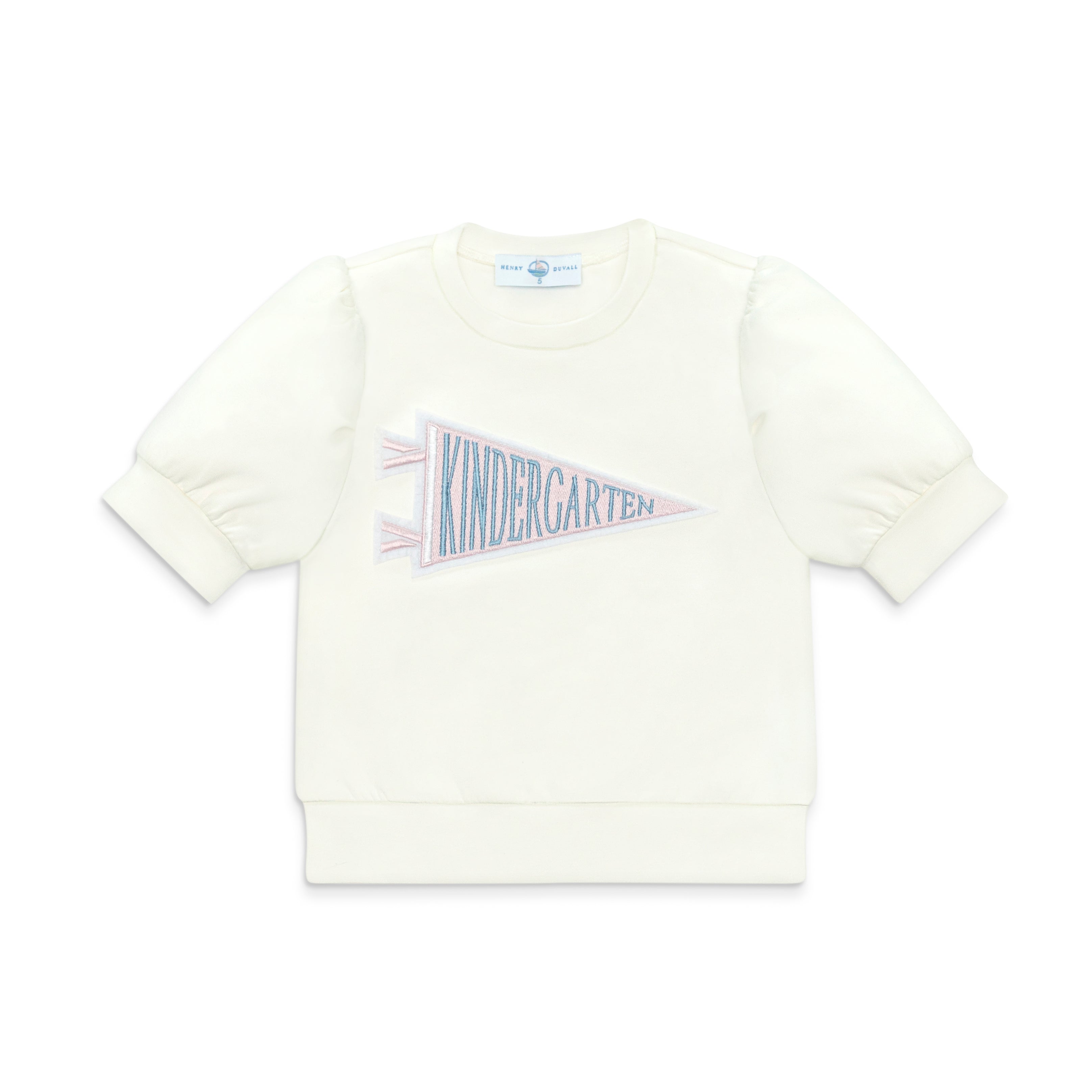 Henry Duvall Pennant Tee featuring appliqué grade pennant, classic back-to-school shirt for kindergarten through fifth grade, perfect for first day of school photos and school milestone celebrations.