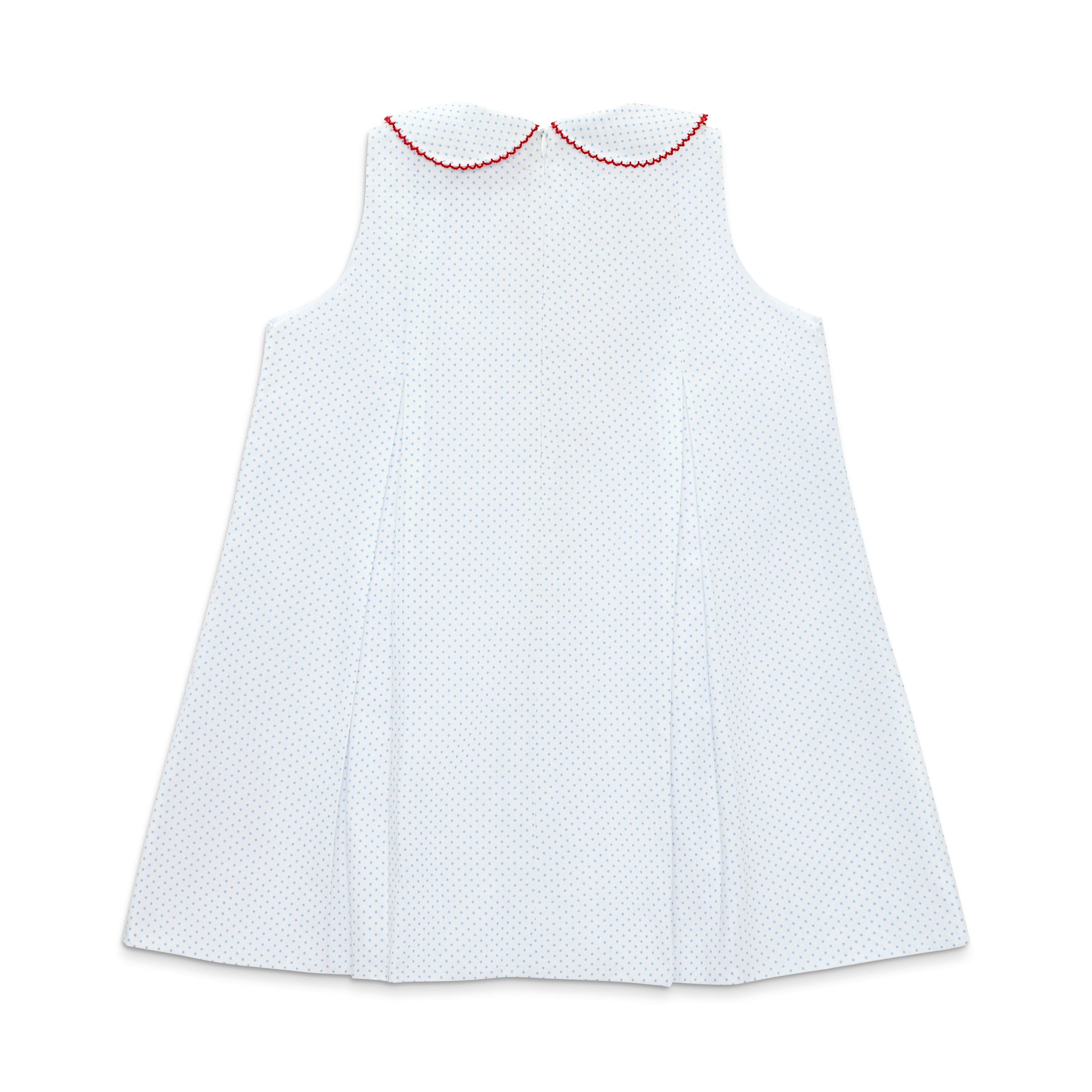 Henry Duvall Lucy Dress in blue micro dot cotton featuring a Peter Pan collar, red scalloped trim, and embroidered crayons, classic girls back-to-school dress for first day of school photos and classroom celebrations.