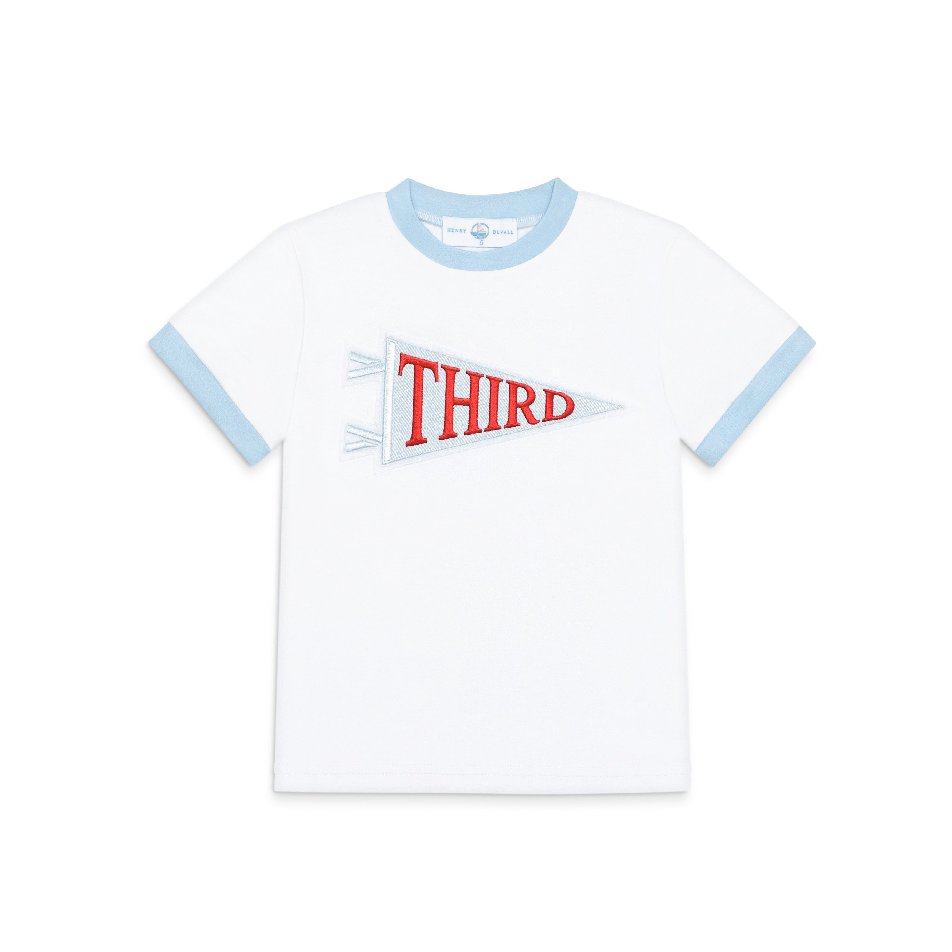 Henry Duvall Pennant Tee featuring appliqué grade pennant, classic back-to-school shirt for kindergarten through fifth grade, perfect for first day of school photos and school milestone celebrations.