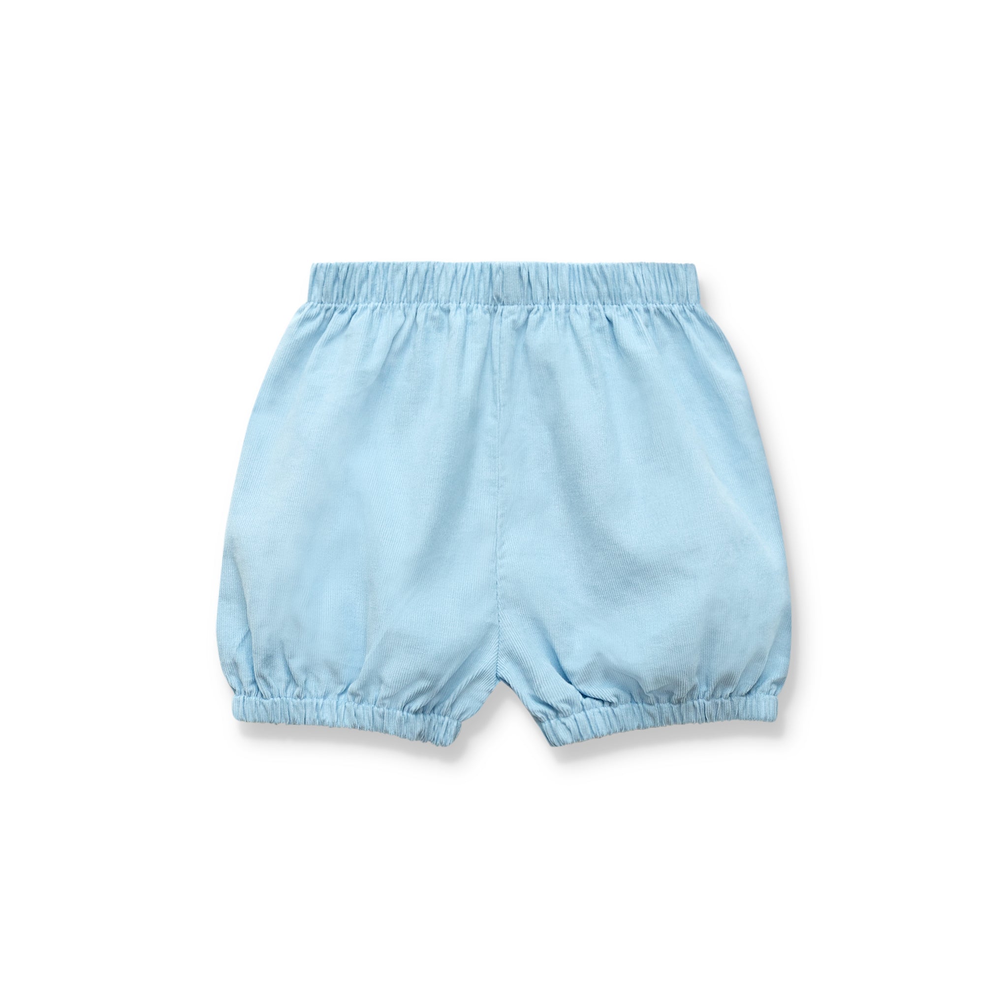 Henry Duvall Somers Shorties for baby and toddler boys in Bay Tree Blue light blue corduroy, featuring a classic bloomer silhouette and elastic waist.
