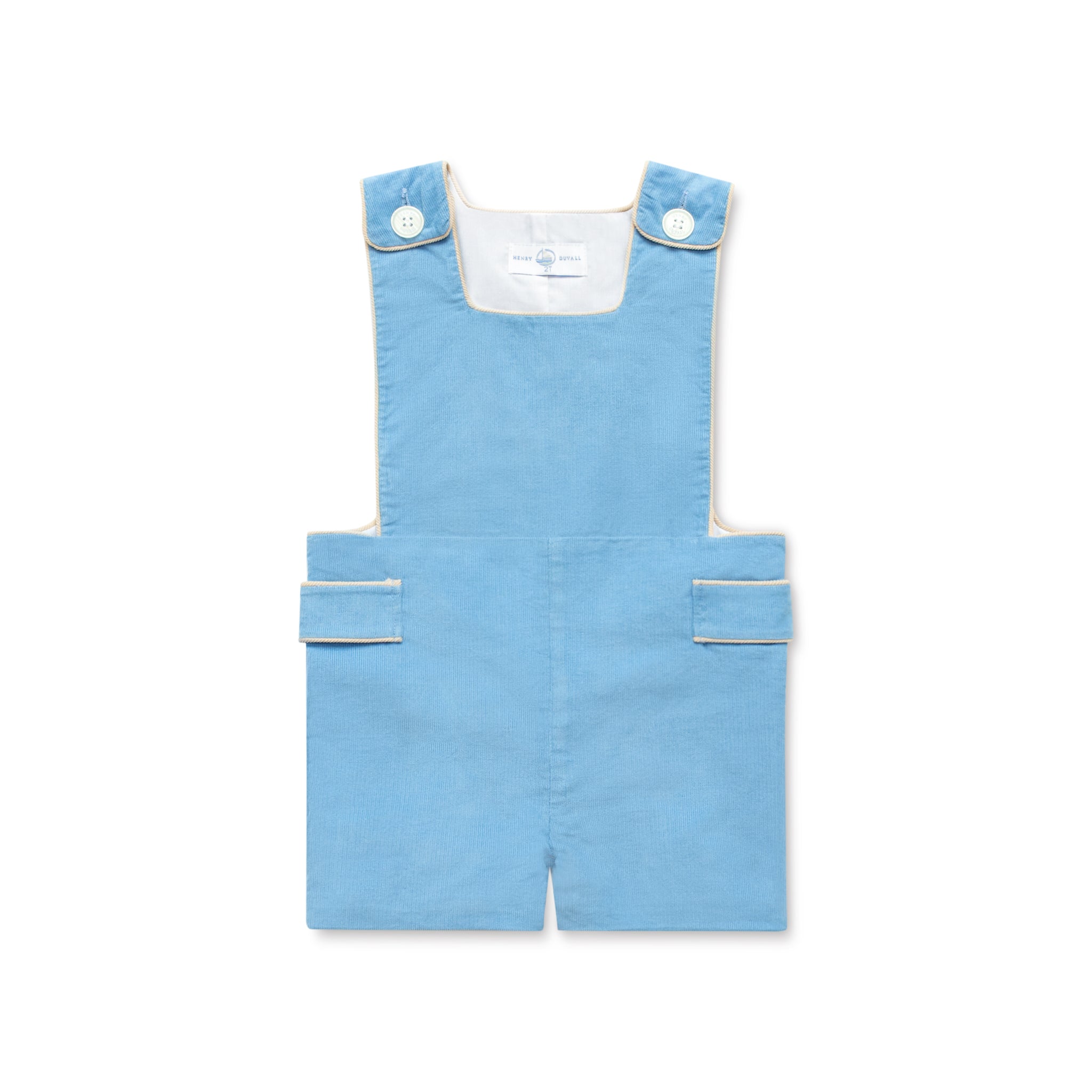 Henry Duvall James Henry Jon Jon for baby and toddler boys in Brookhaven Blue corduroy with contrasting King’s Way Khaki corduroy trim, a classic fall outfit for layering, family photos, Thanksgiving, church, and everyday wear.