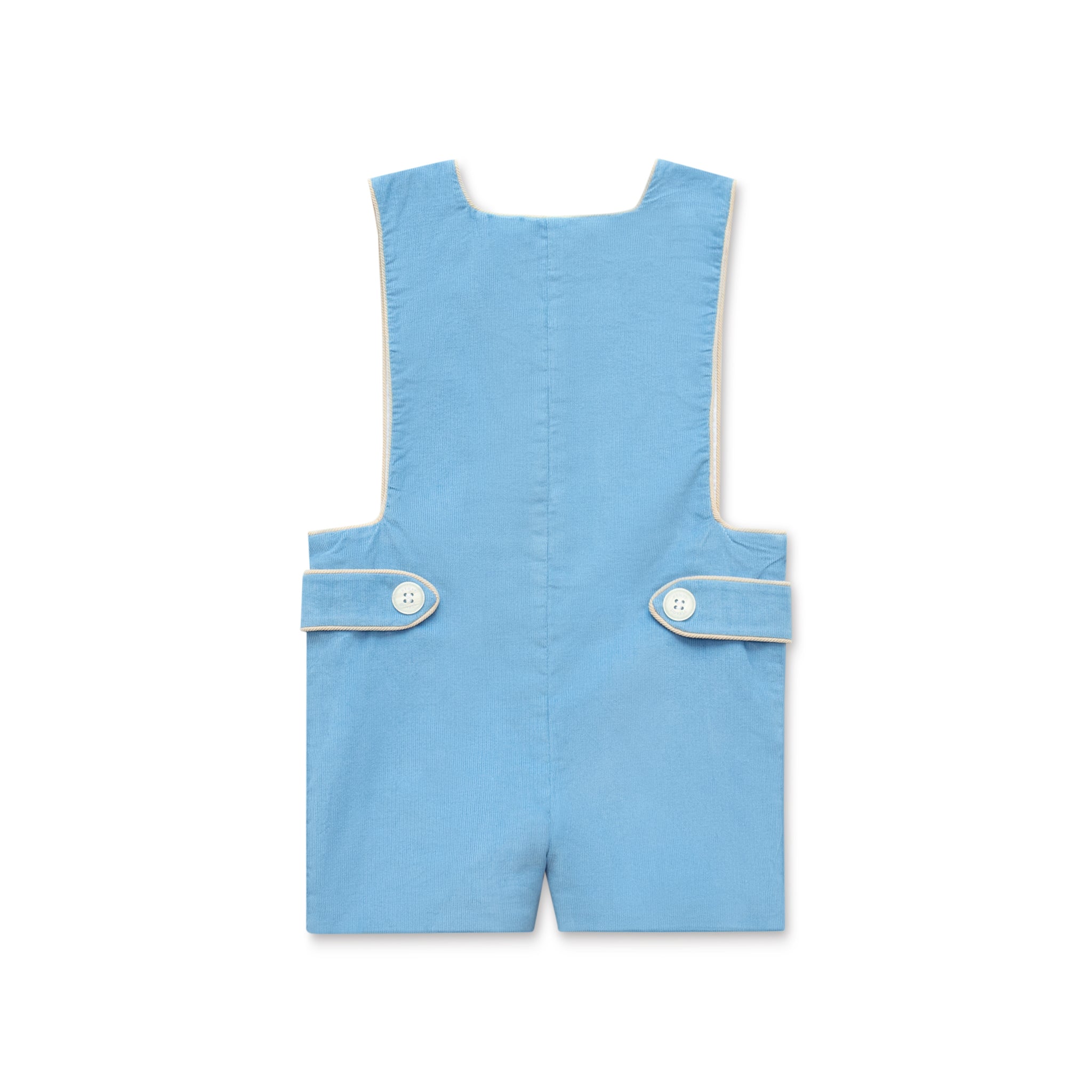 Henry Duvall James Henry Jon Jon for baby and toddler boys in Brookhaven Blue corduroy with contrasting King’s Way Khaki corduroy trim, a classic fall outfit for layering, family photos, Thanksgiving, church, and everyday wear.