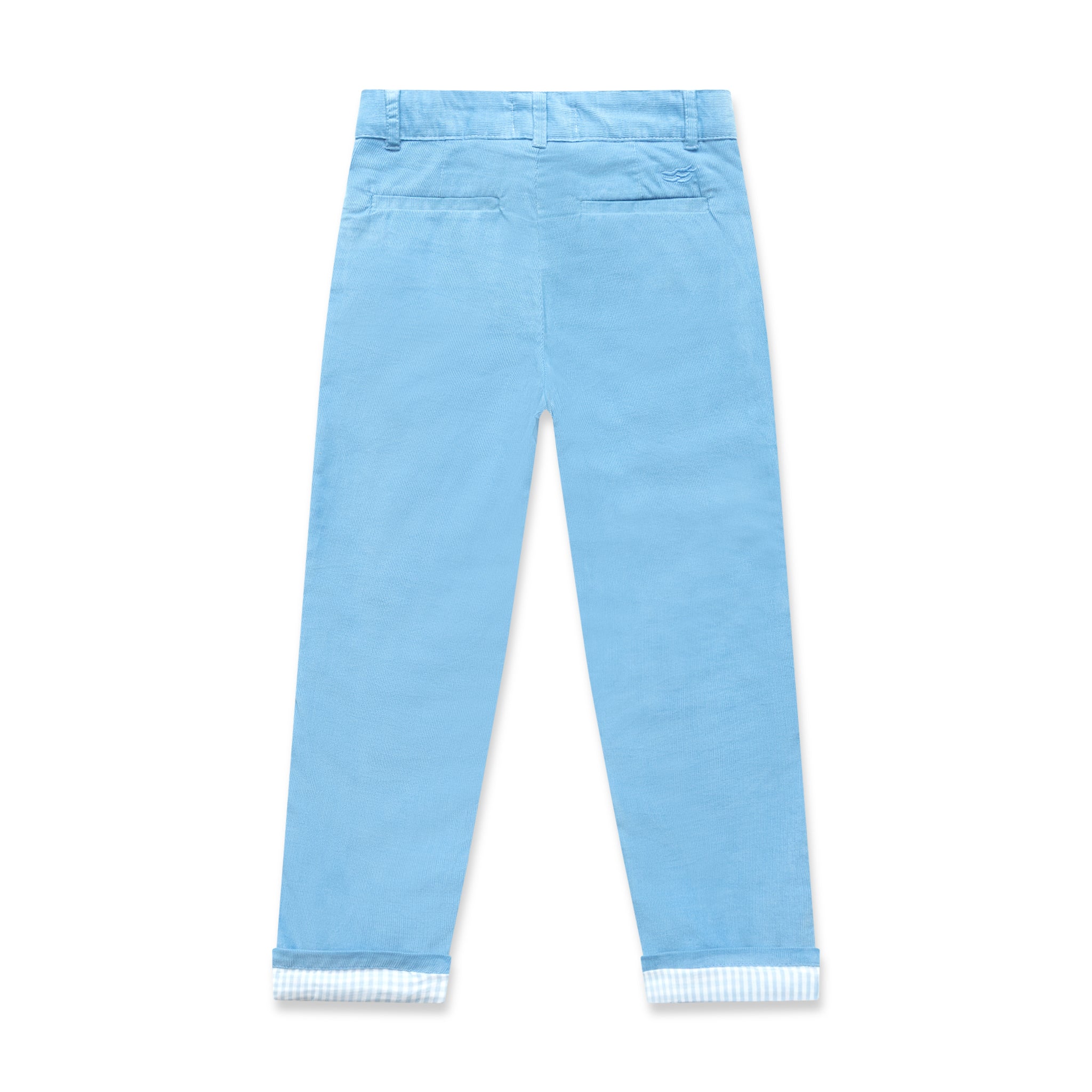 Henry Duvall Bradford Trousers in Brookhaven Blue light blue corduroy for boys, fully lined in Bay Tree Blue Check with contrast checked cuffs that can be rolled up or worn down.