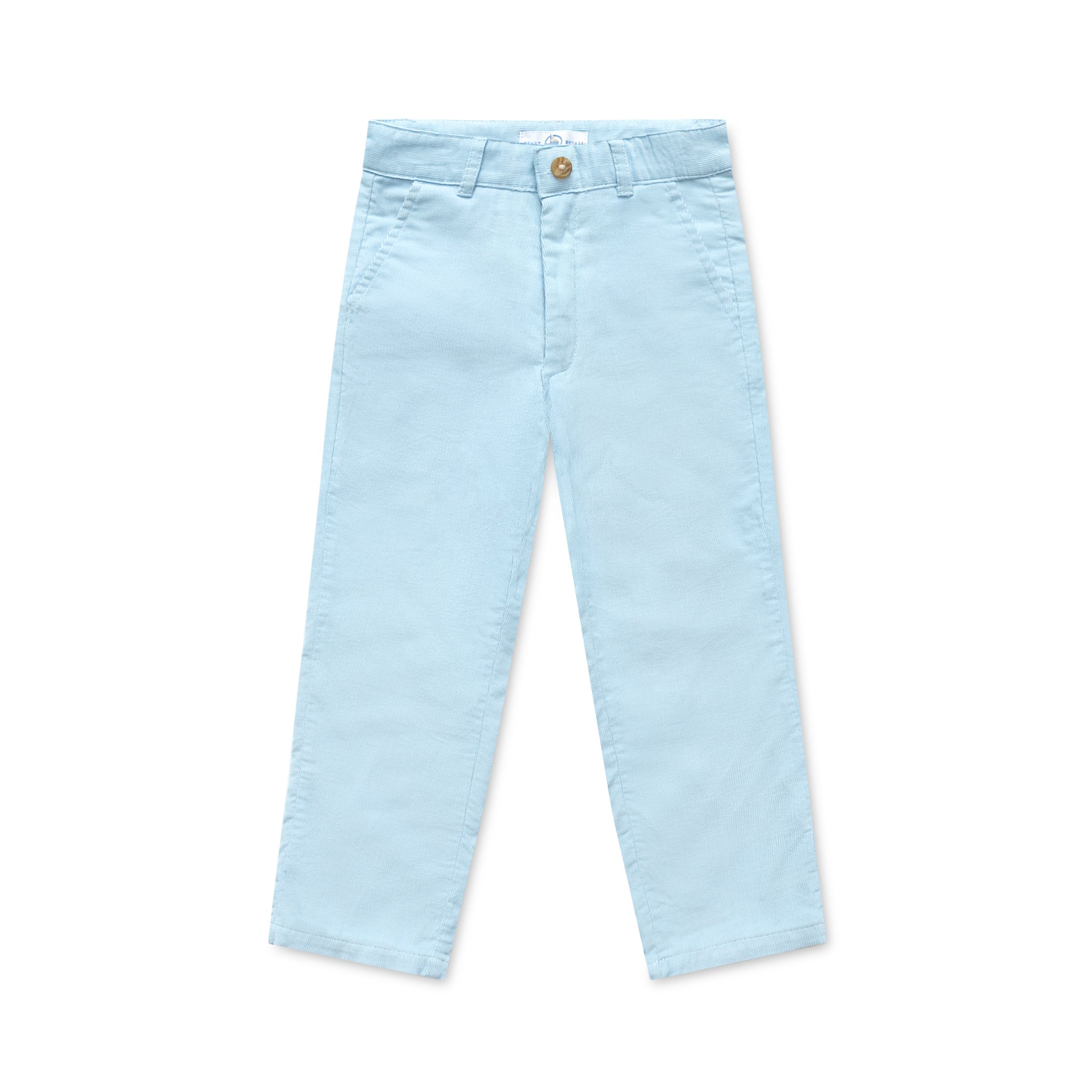 Henry Duvall Bradford Trousers in Bay Tree Blue light blue corduroy for boys, fully lined in King’s Way Khaki Check with contrast checked cuffs that can be rolled up or worn down.