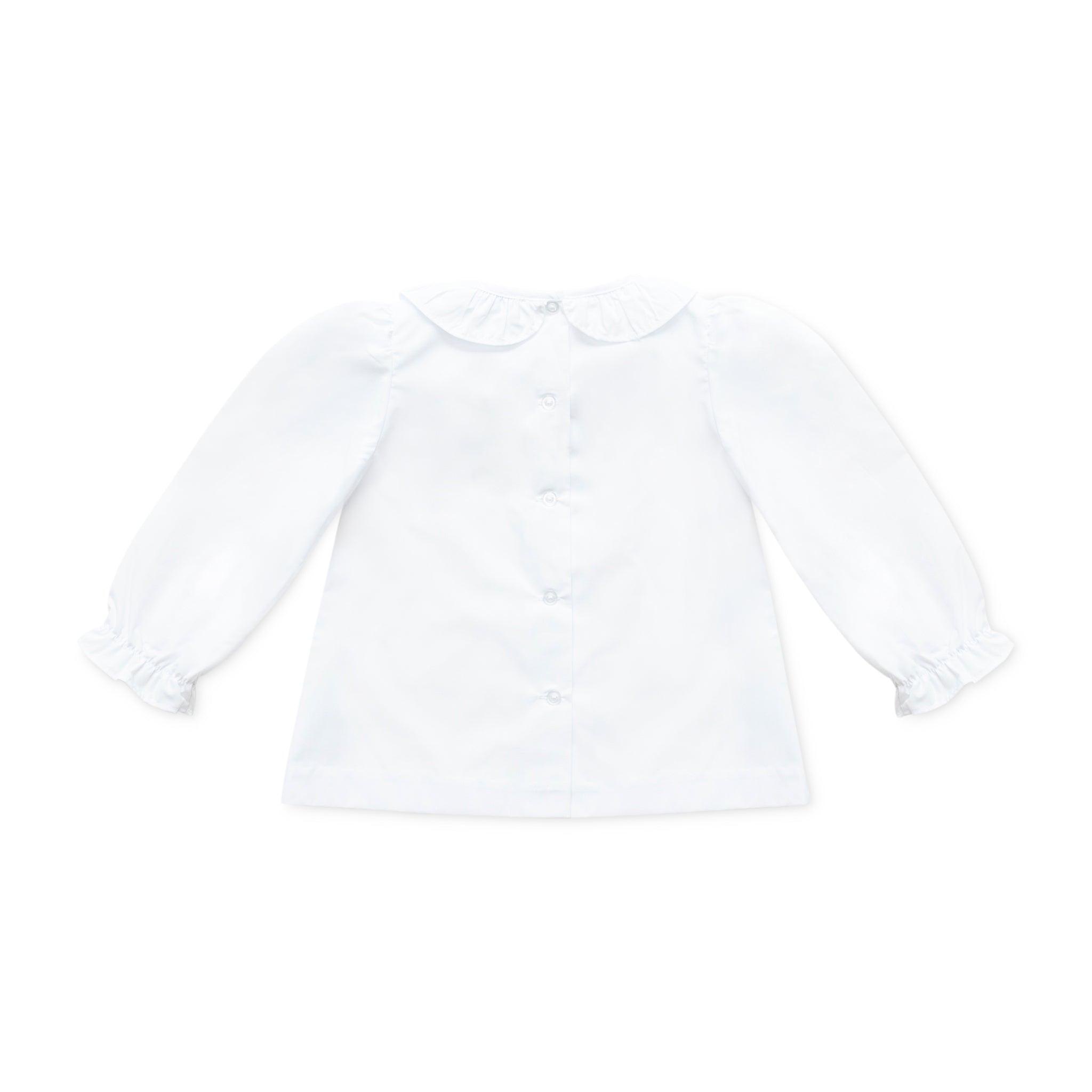 Henry Duvall Ruthie Ruffled Blouse for girls in Classic White, featuring a ruffle collar, long sleeves, and ruffled cuffs for fall and winter layering.