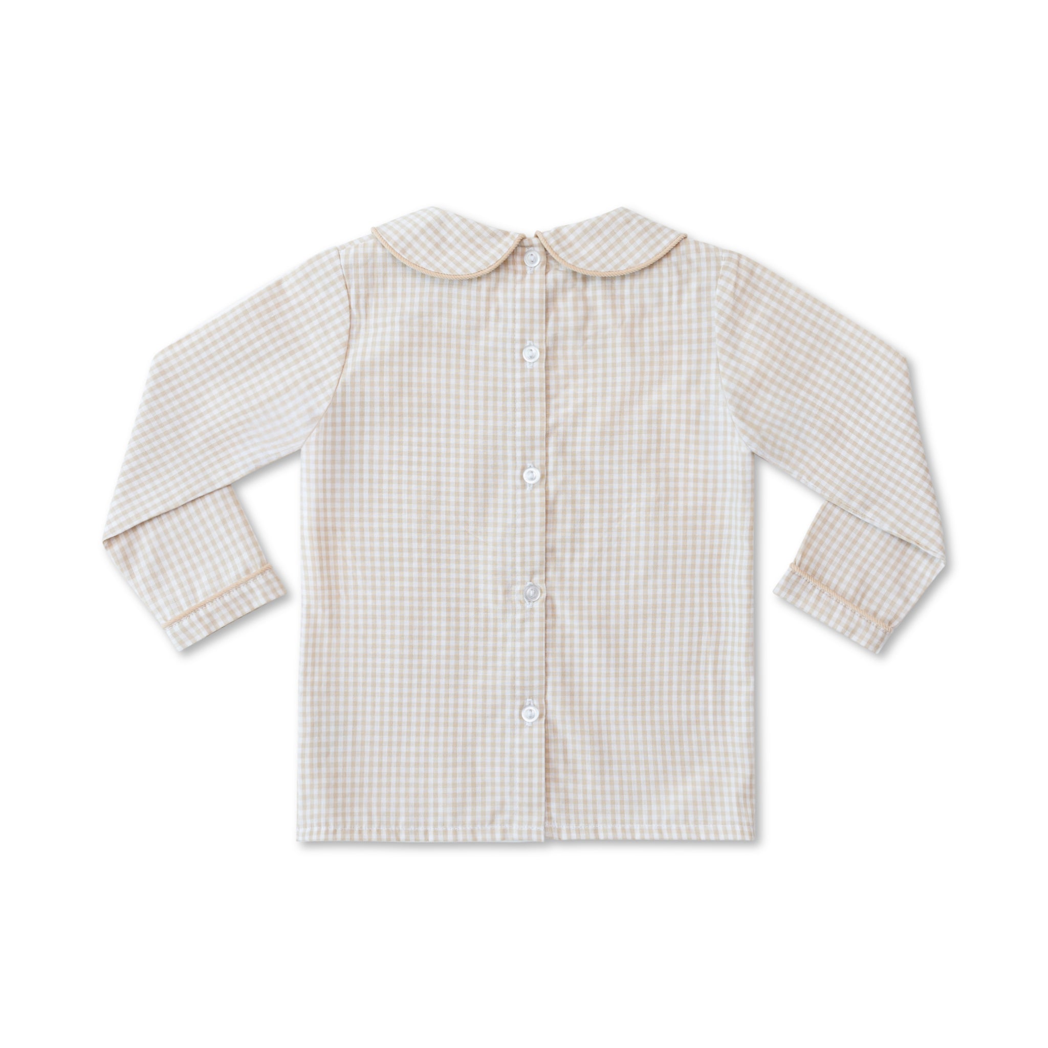 Henry Duvall Long Sleeve Henry Peter Pan Shirt in King's Way Khaki Check, classic boys fall shirt with Peter Pan collar and button-back, perfect for layering and coordinating sibling outfits