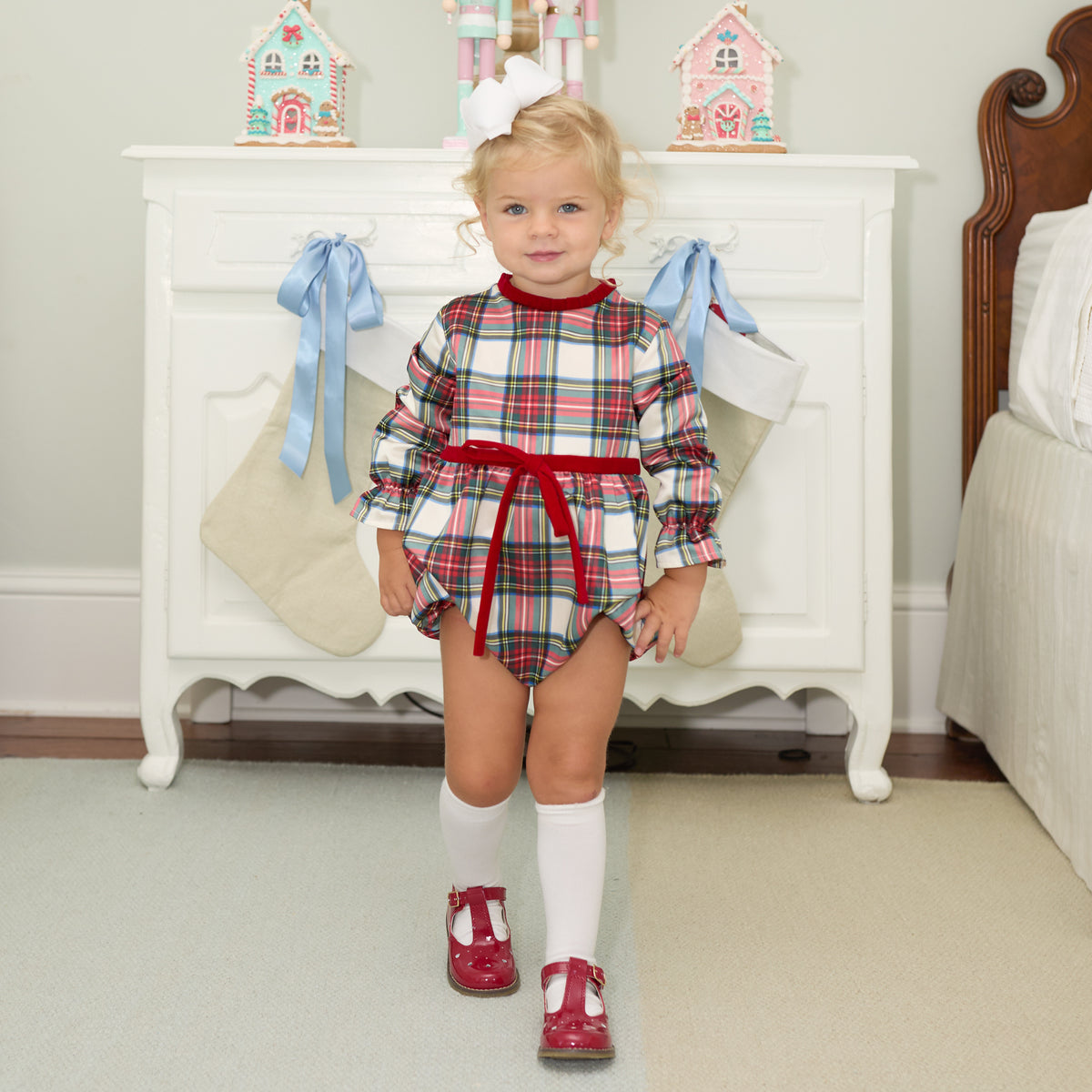Baby girl holiday bubble in Townsend Tartan with bow waist detail, classic plaid design for fall and holiday photos – Henry Duvall timeless baby outfit